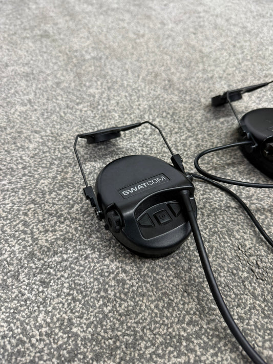 SwatCom Waterproof Headset Ear Defenders Ex Police Helmet Mounted WORKING
