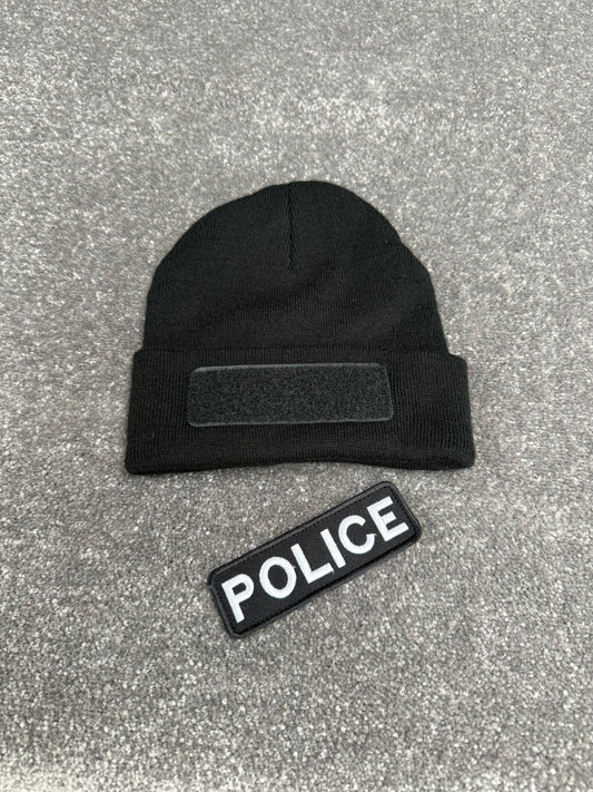 Ex Police Black Beanie Hat Hook & Loop Badged
