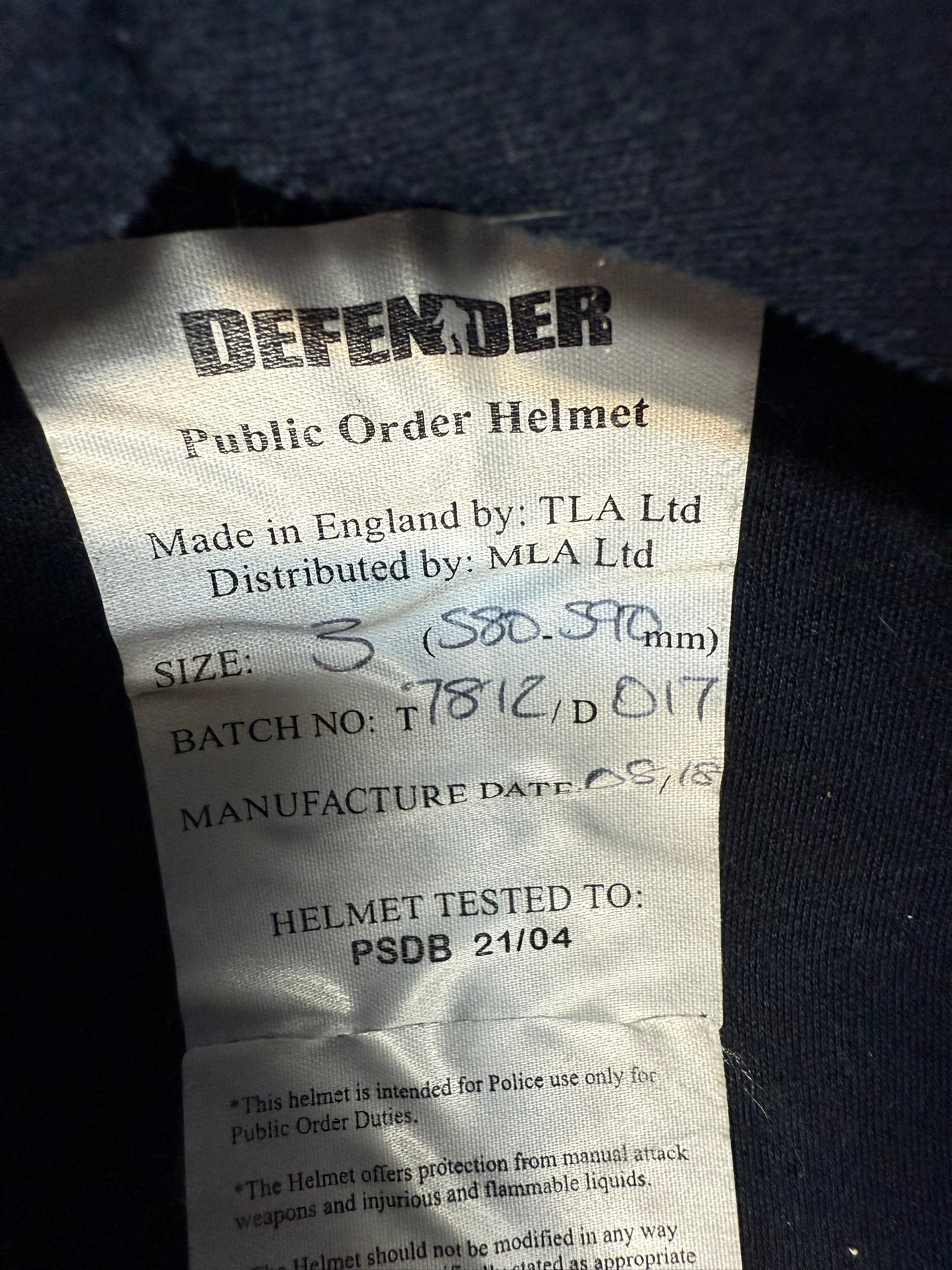 Ex Police Riot Helmet Defender & Bag 58-59cm VGC Genuine Obsolete Collectable