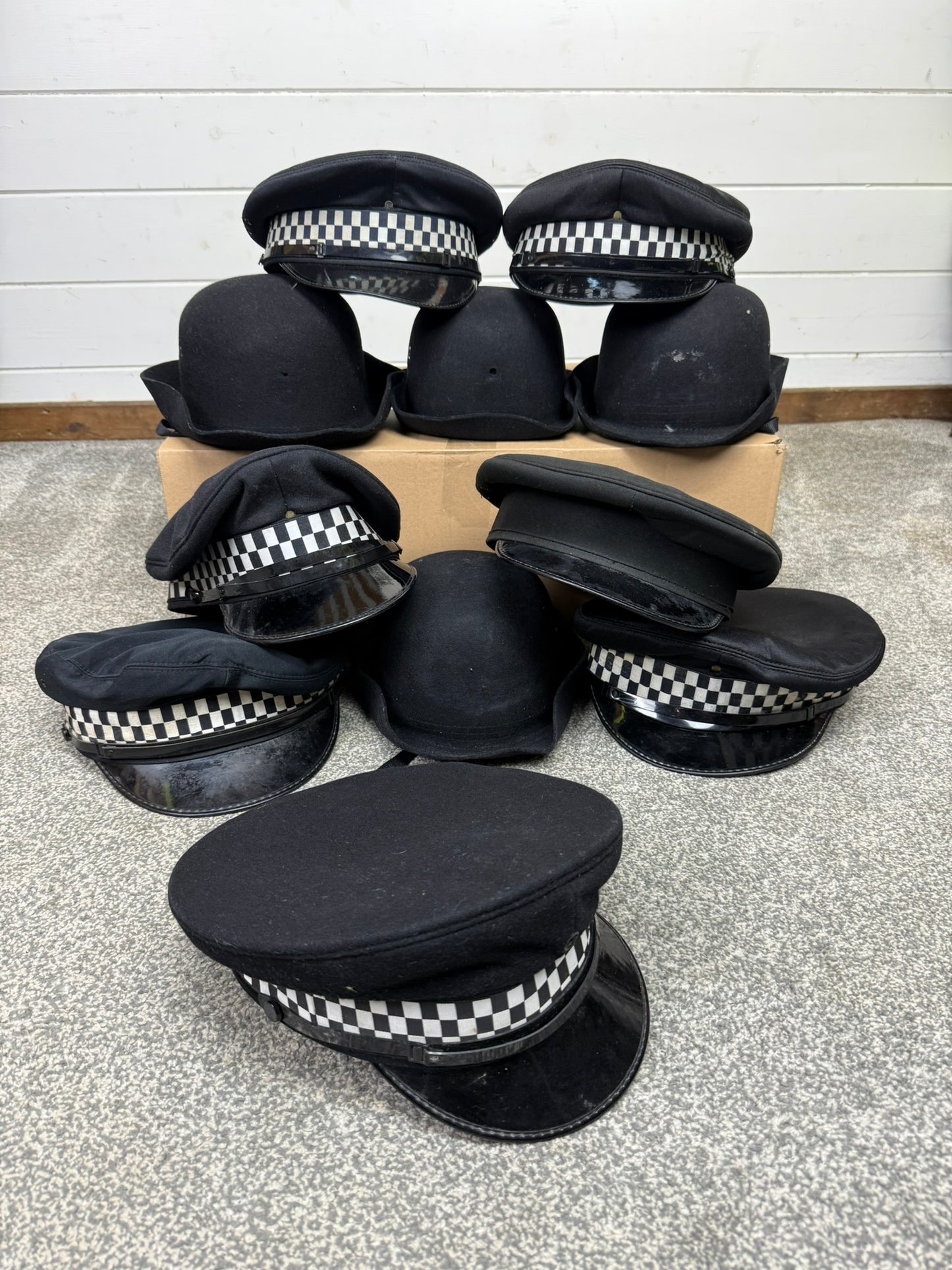 11x Ex Police Peak Cap Bowler Hat Job Lot Theatre Headwear Uniform Film Prop Lot