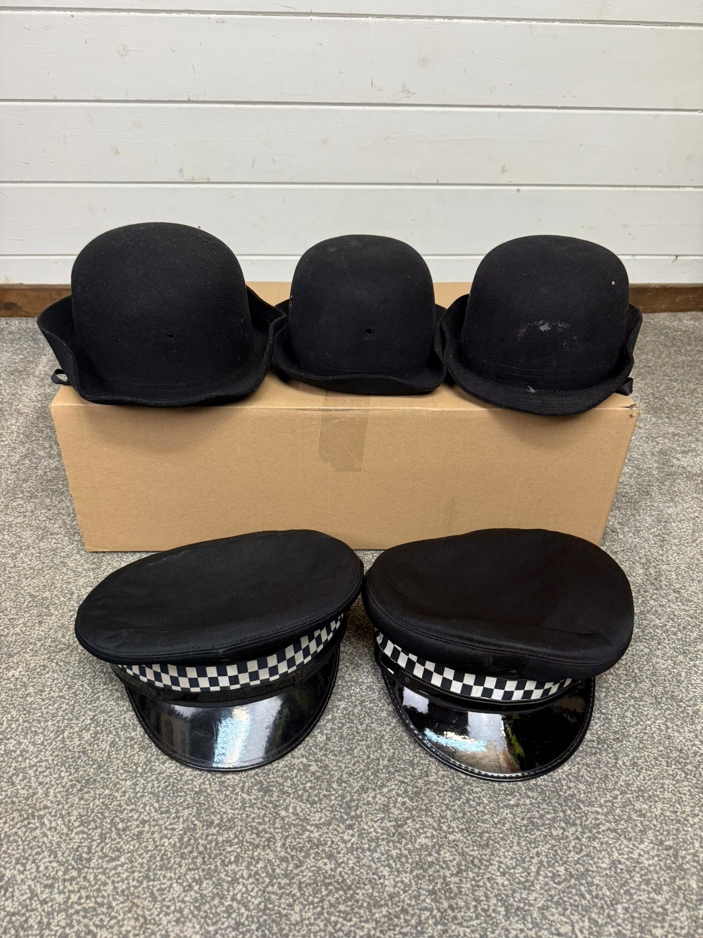 11x Ex Police Peak Cap Bowler Hat Job Lot Theatre Headwear Uniform Film Prop Lot