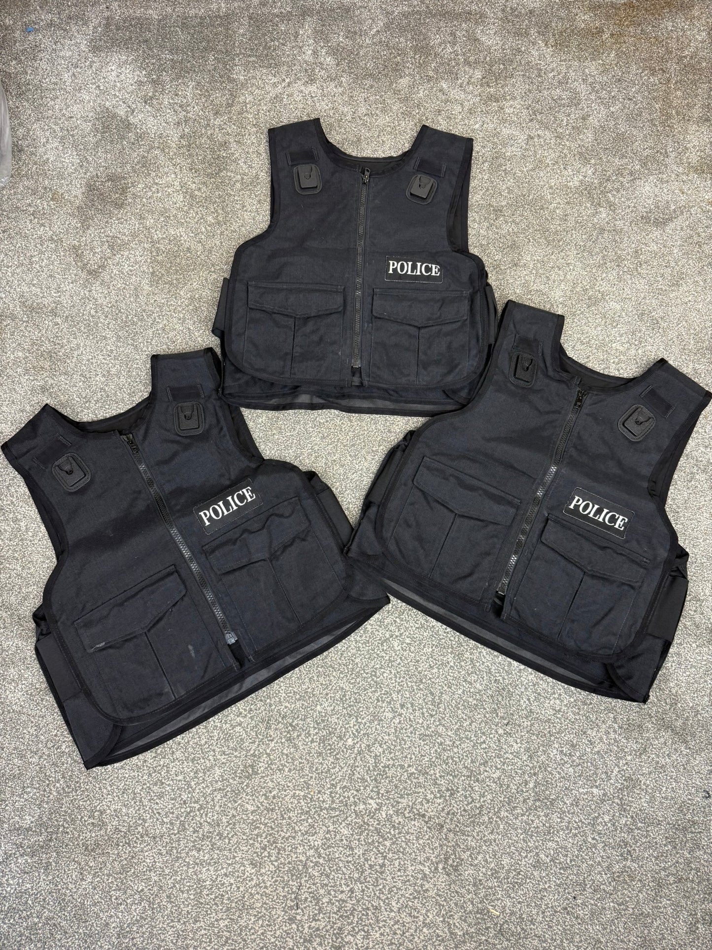 3x Ex Police Black Body Armour Covers Badged Job Lot Film TV Uniform Collector Display