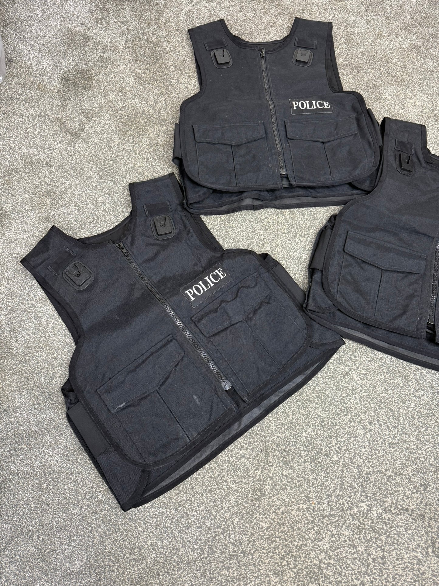 3x Ex Police Black Body Armour Covers Badged Job Lot Film TV Uniform Collector Display