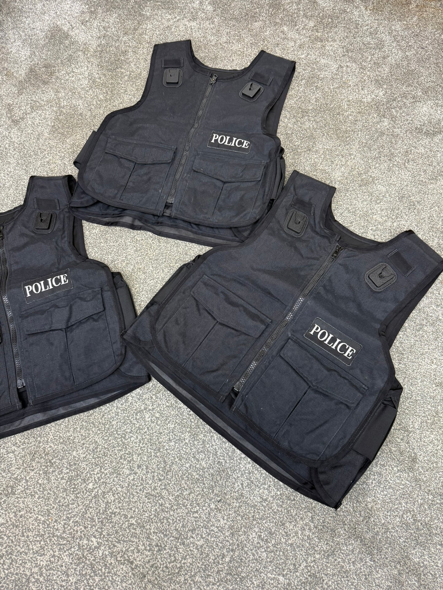 3x Ex Police Black Body Armour Covers Badged Job Lot Film TV Uniform Collector Display