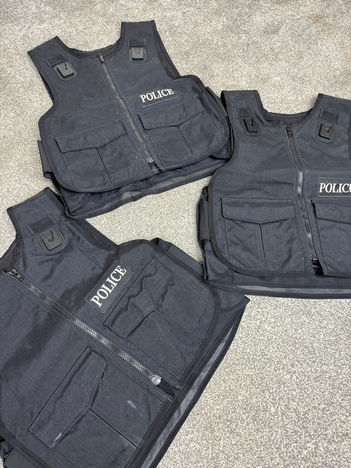 3x Ex Police Black Body Armour Covers Badged Job Lot Film TV Uniform Collector Display
