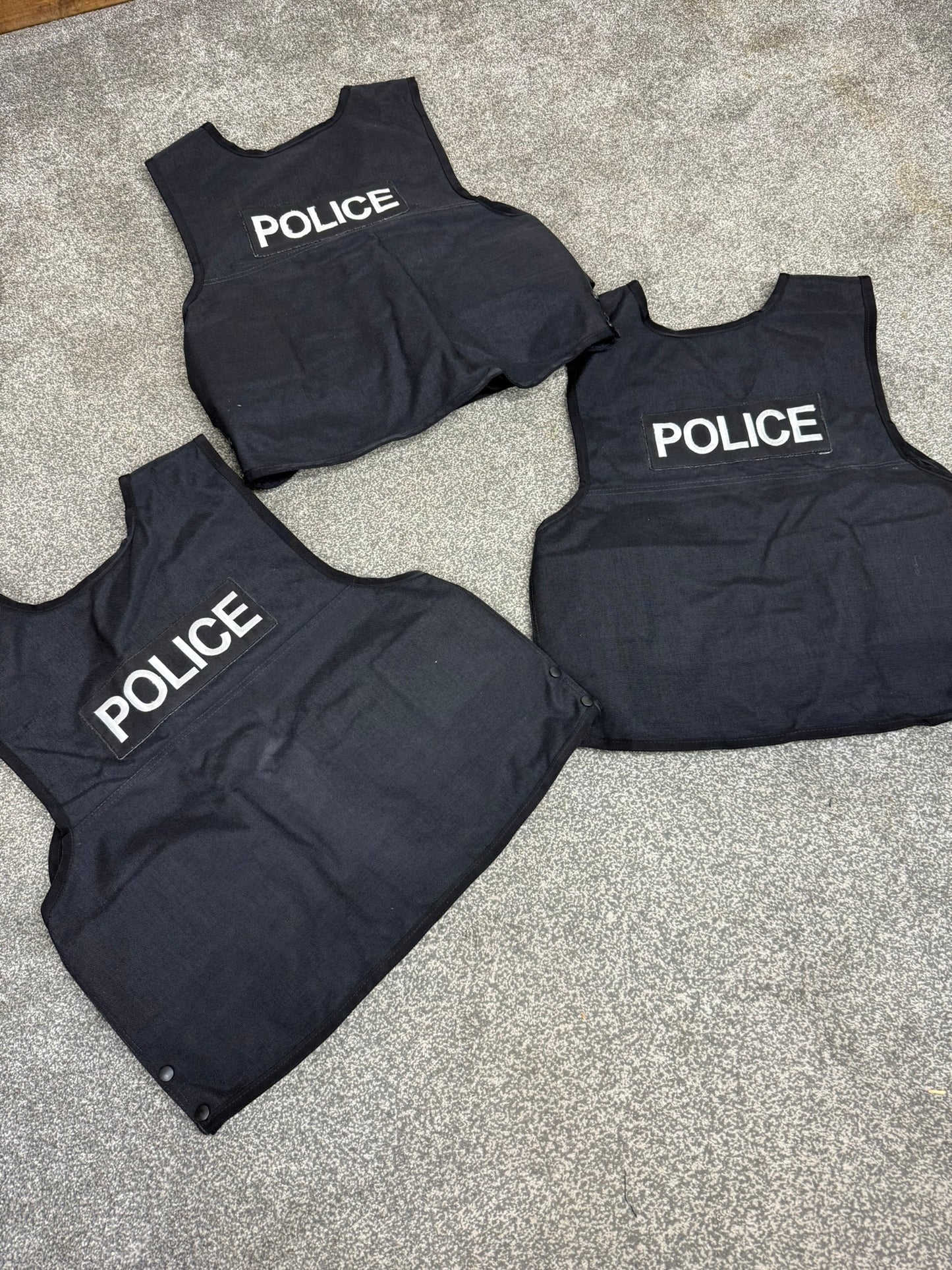 3x Ex Police Black Body Armour Covers Badged Job Lot Film TV Uniform Collector Display