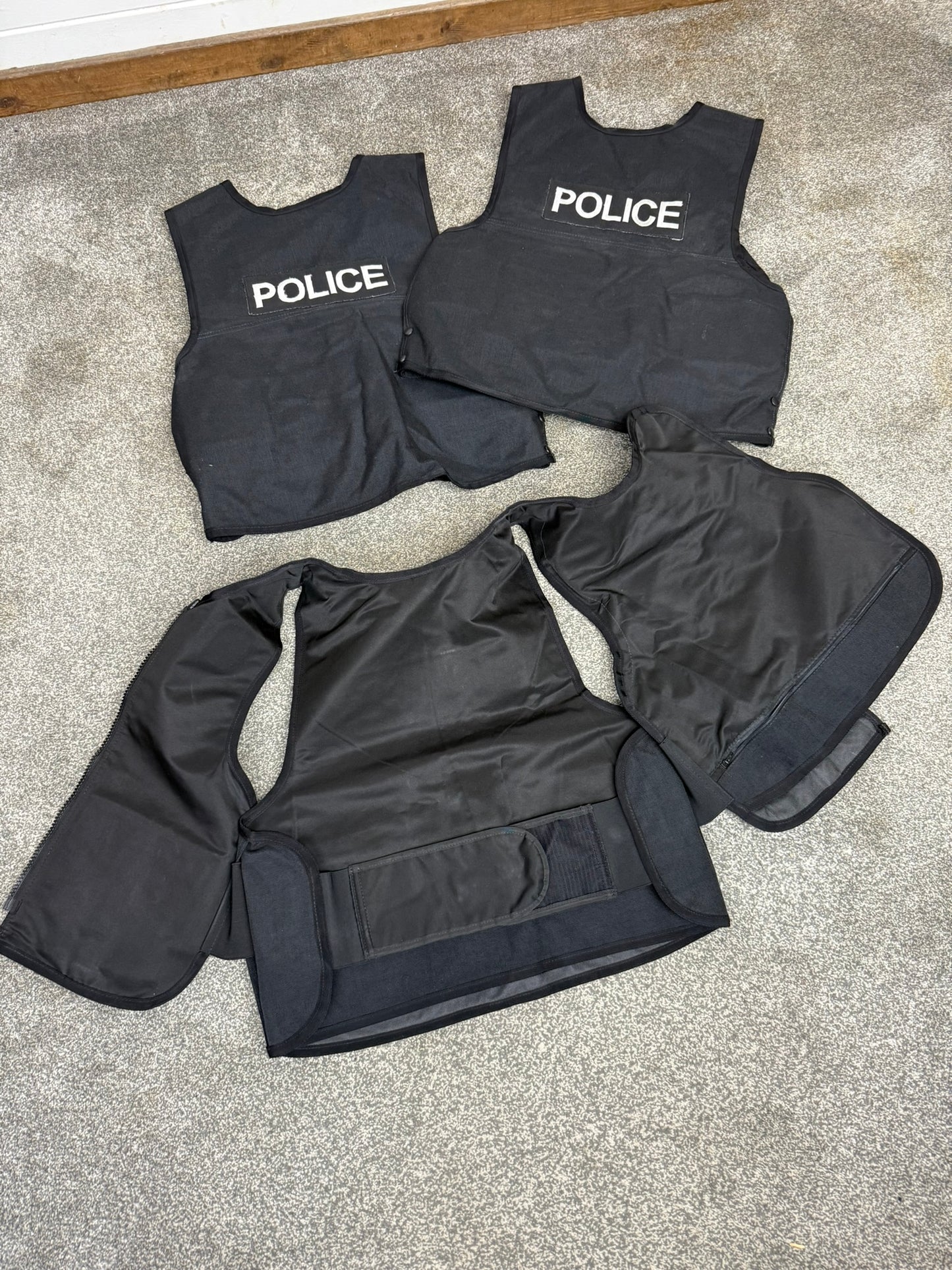 3x Ex Police Black Body Armour Covers Badged Job Lot Film TV Uniform Collector Display