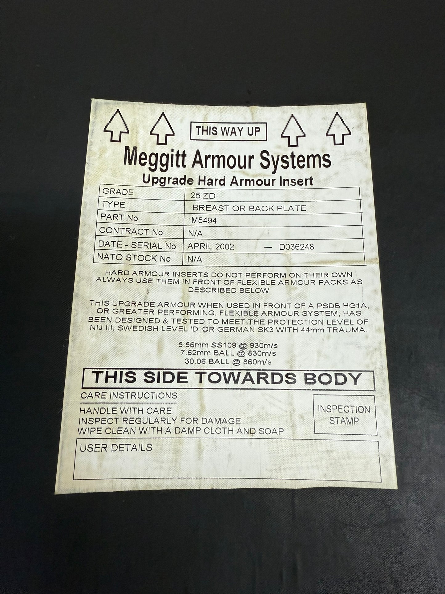 Ex Police Meggitt Body Armour Ballistic Hard Plate Insert