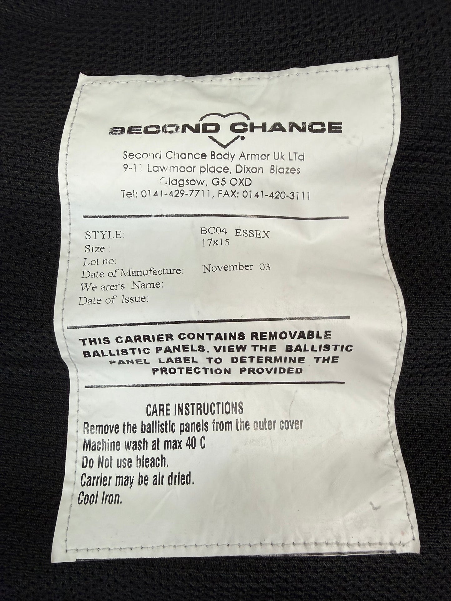 Ex Police Second Chance Body Armour Vest COVER Black Security TV Film Uniform - XL