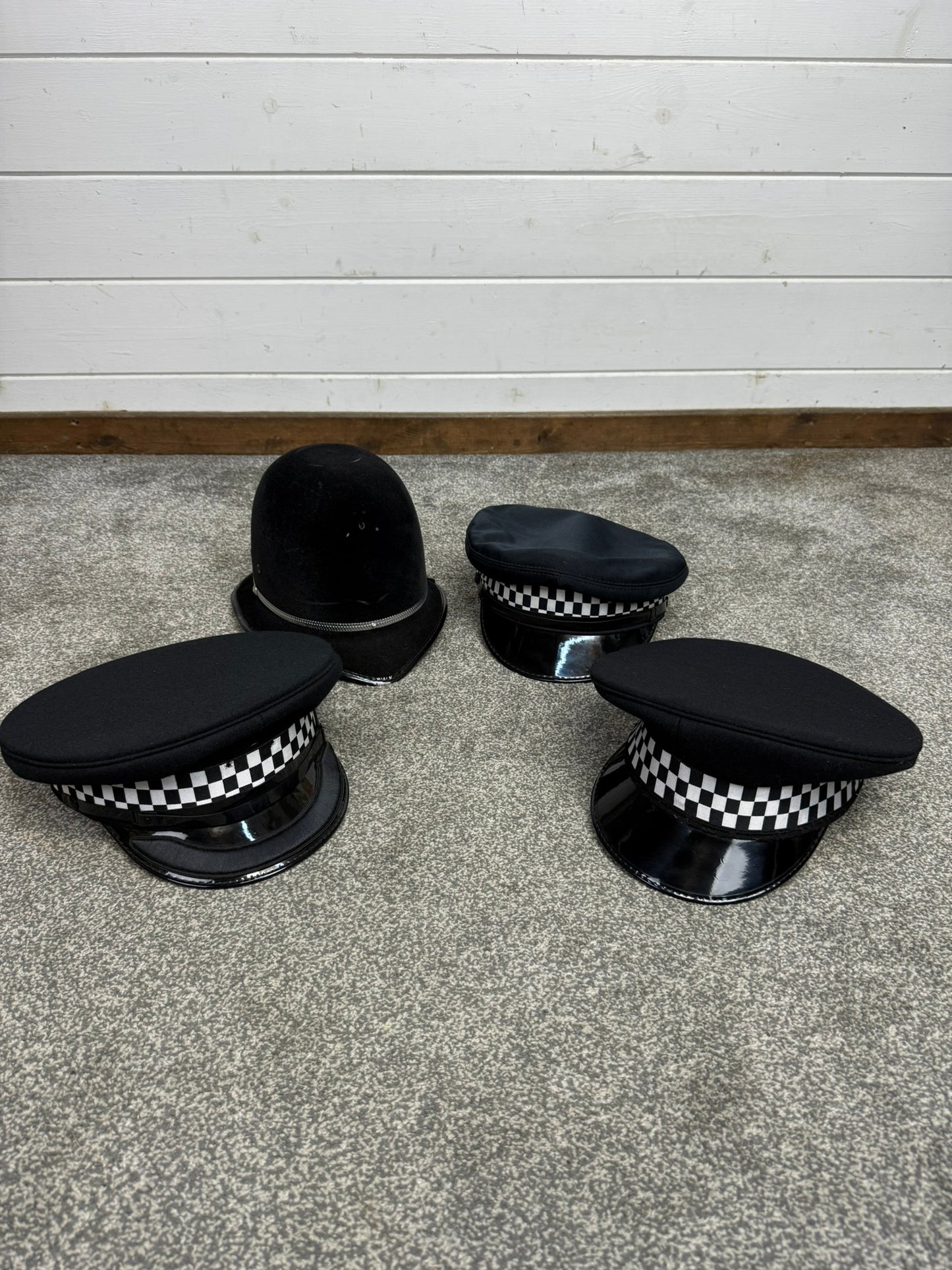 4x Ex Police Peak Cap & Bobby Helmet Hat Job Lot Uniform Costume Display