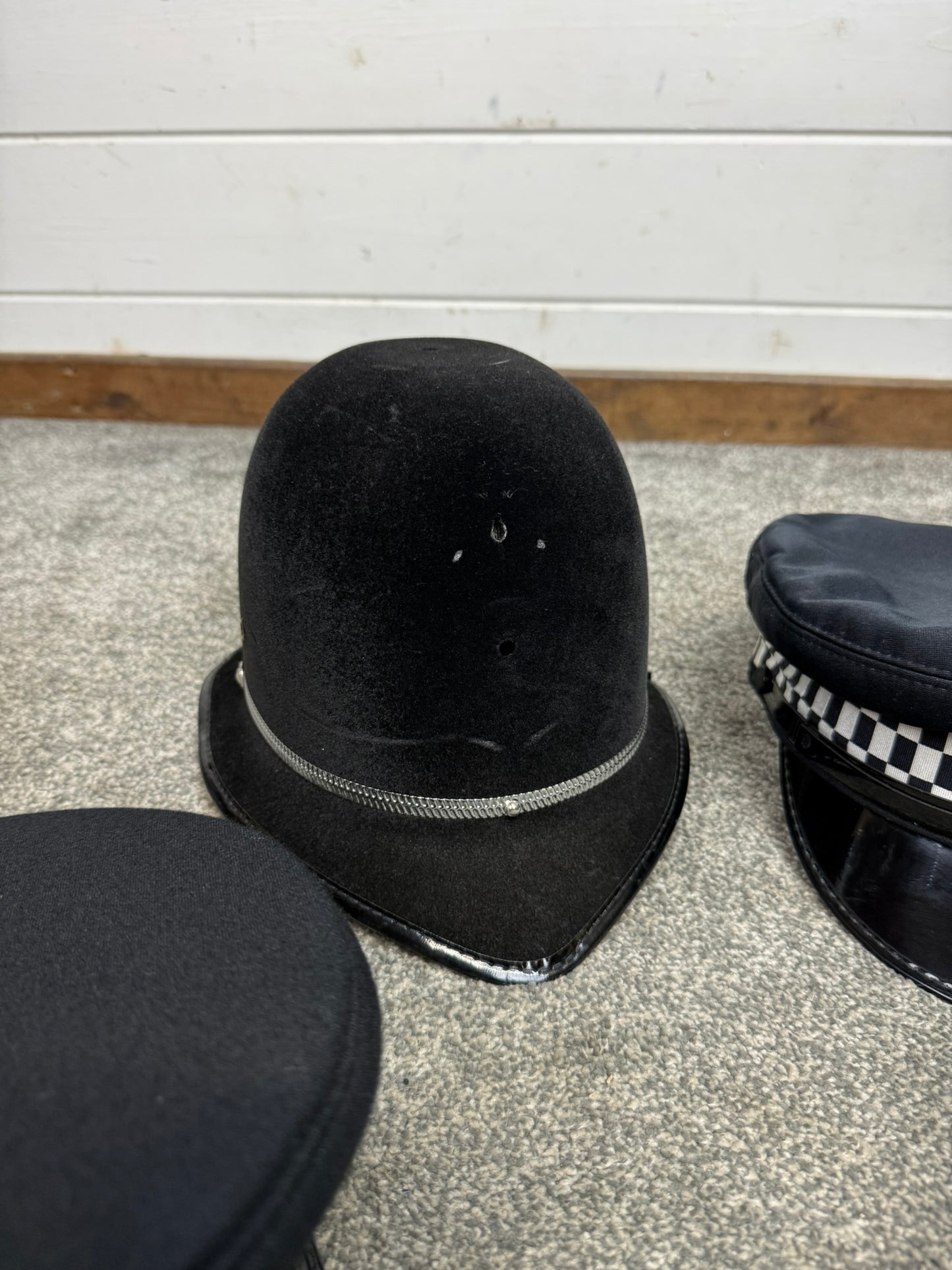 4x Ex Police Peak Cap & Bobby Helmet Hat Job Lot Uniform Costume Display