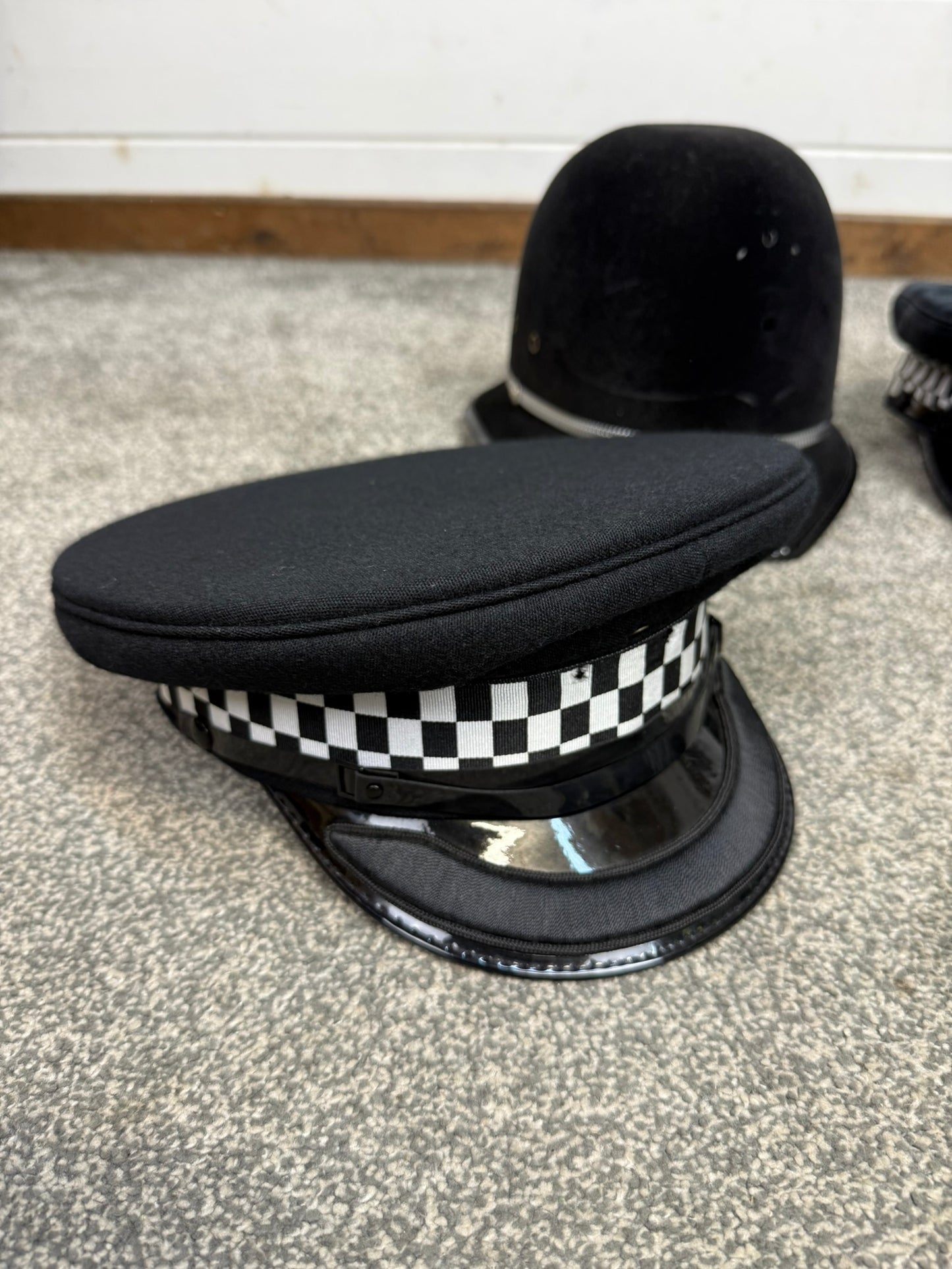 4x Ex Police Peak Cap & Bobby Helmet Hat Job Lot Uniform Costume Display