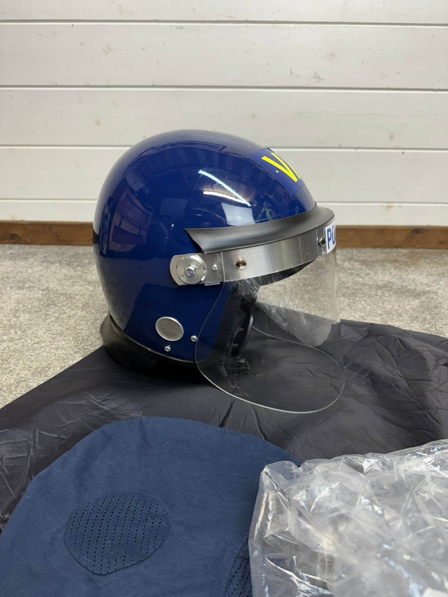 Ex Police Riot Helmet Fleece Bag & Hood Genuine Obsolete Collectable Display