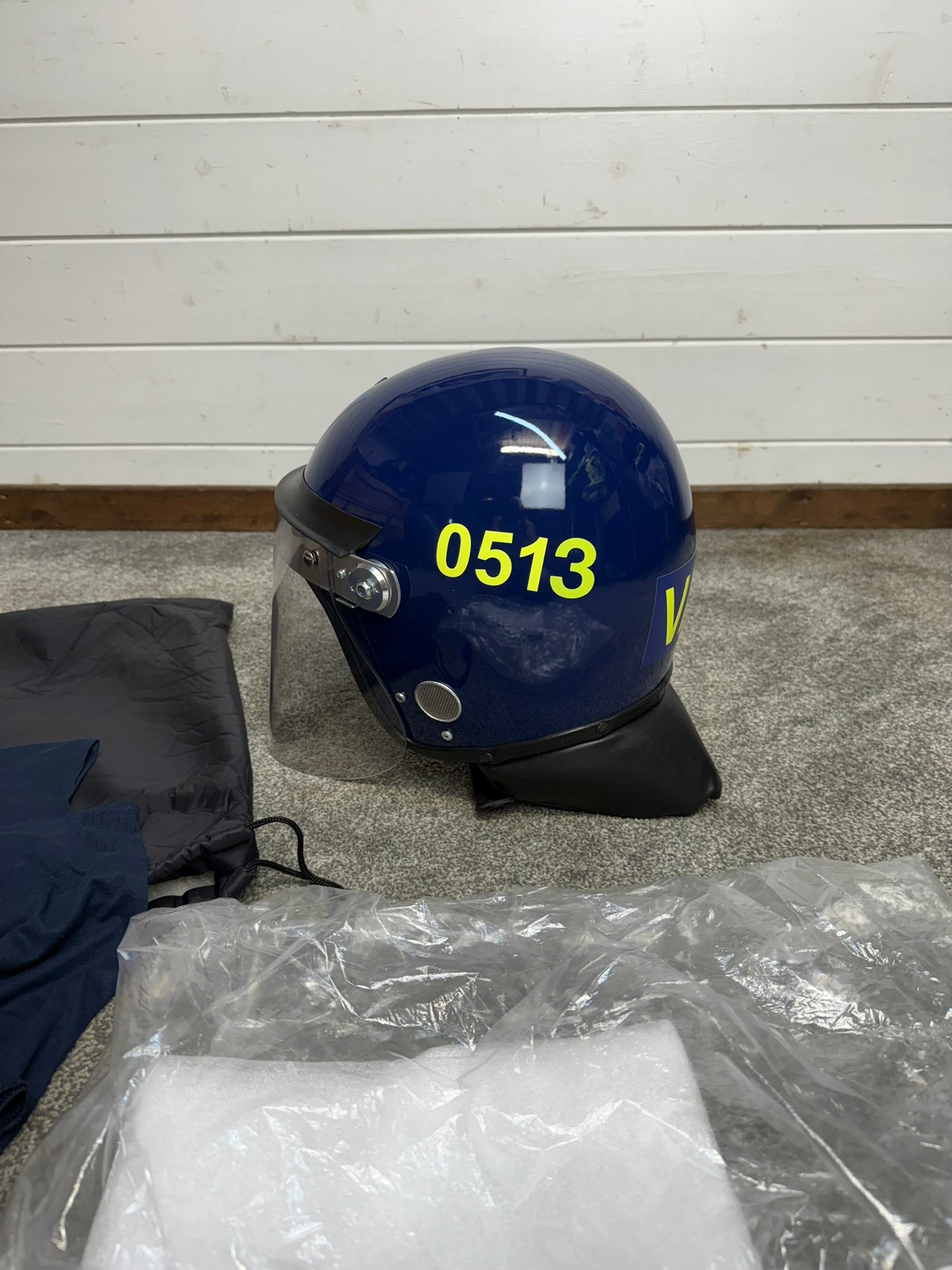 Ex Police Riot Helmet Fleece Bag & Hood Genuine Obsolete Collectable Display