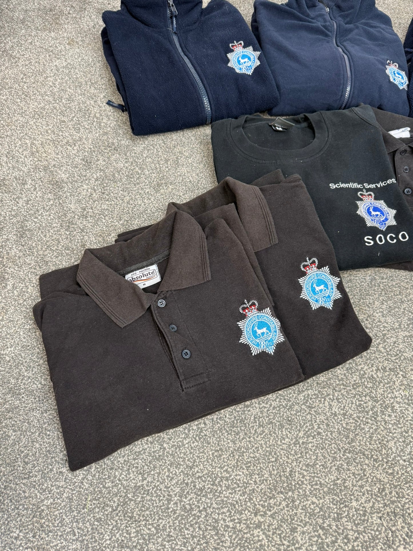 8x Ex Hertfordshire Constabulary SOCO Police Embroidered Polo Shirts & Fleeces Job Lot Collector Film TV Uniform