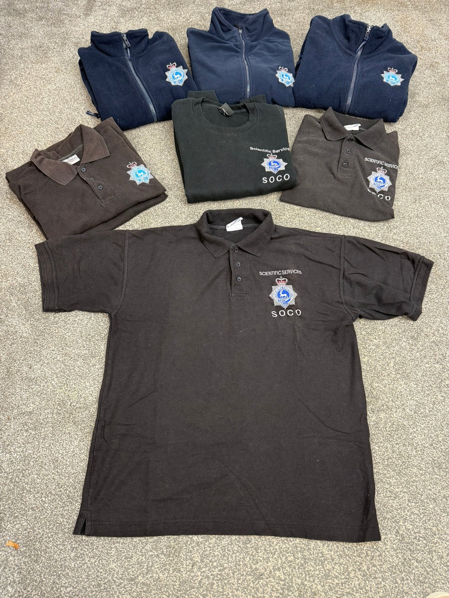 8x Ex Hertfordshire Constabulary SOCO Police Embroidered Polo Shirts & Fleeces Job Lot Collector Film TV Uniform