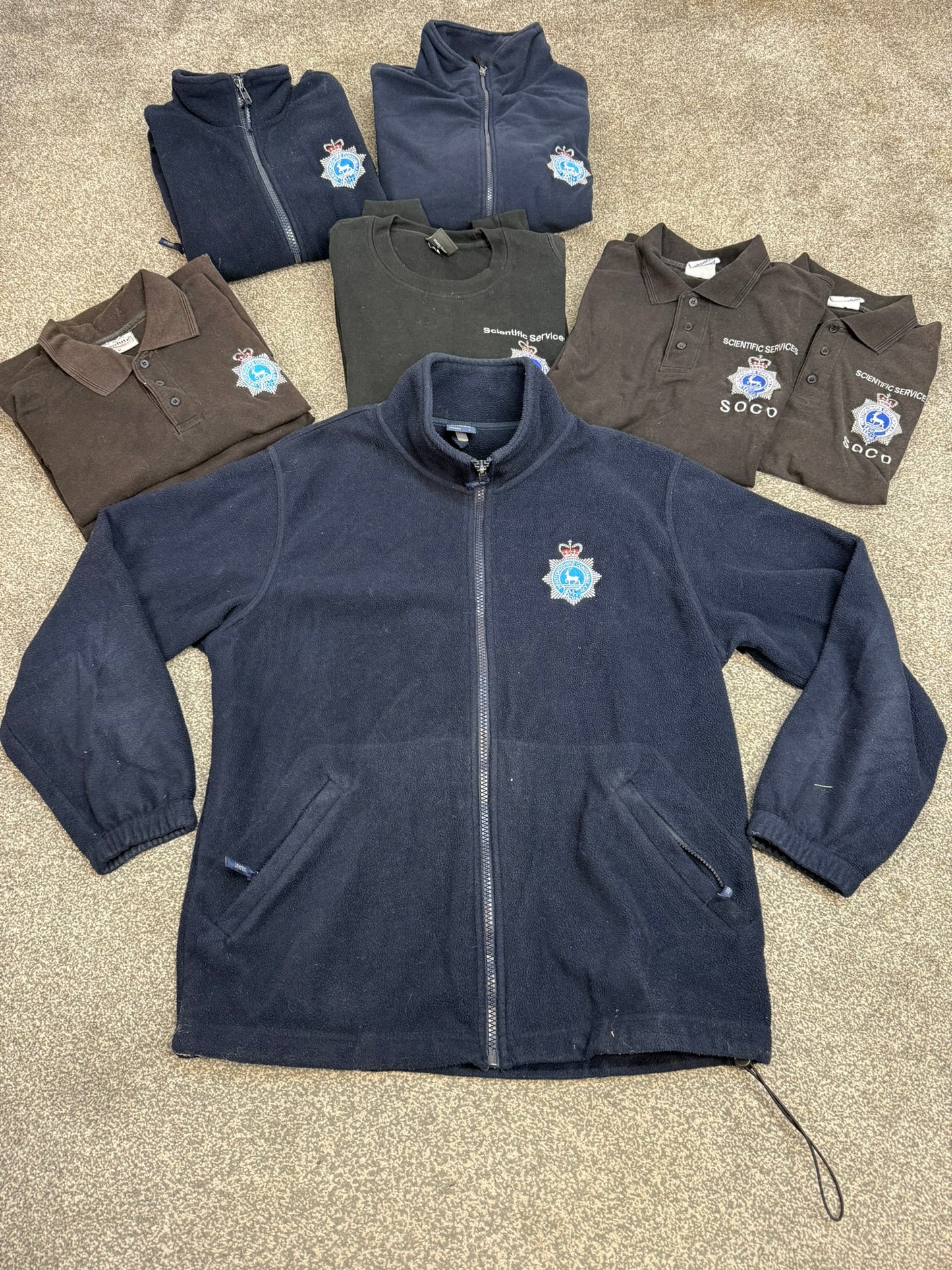 8x Ex Hertfordshire Constabulary SOCO Police Embroidered Polo Shirts & Fleeces Job Lot Collector Film TV Uniform