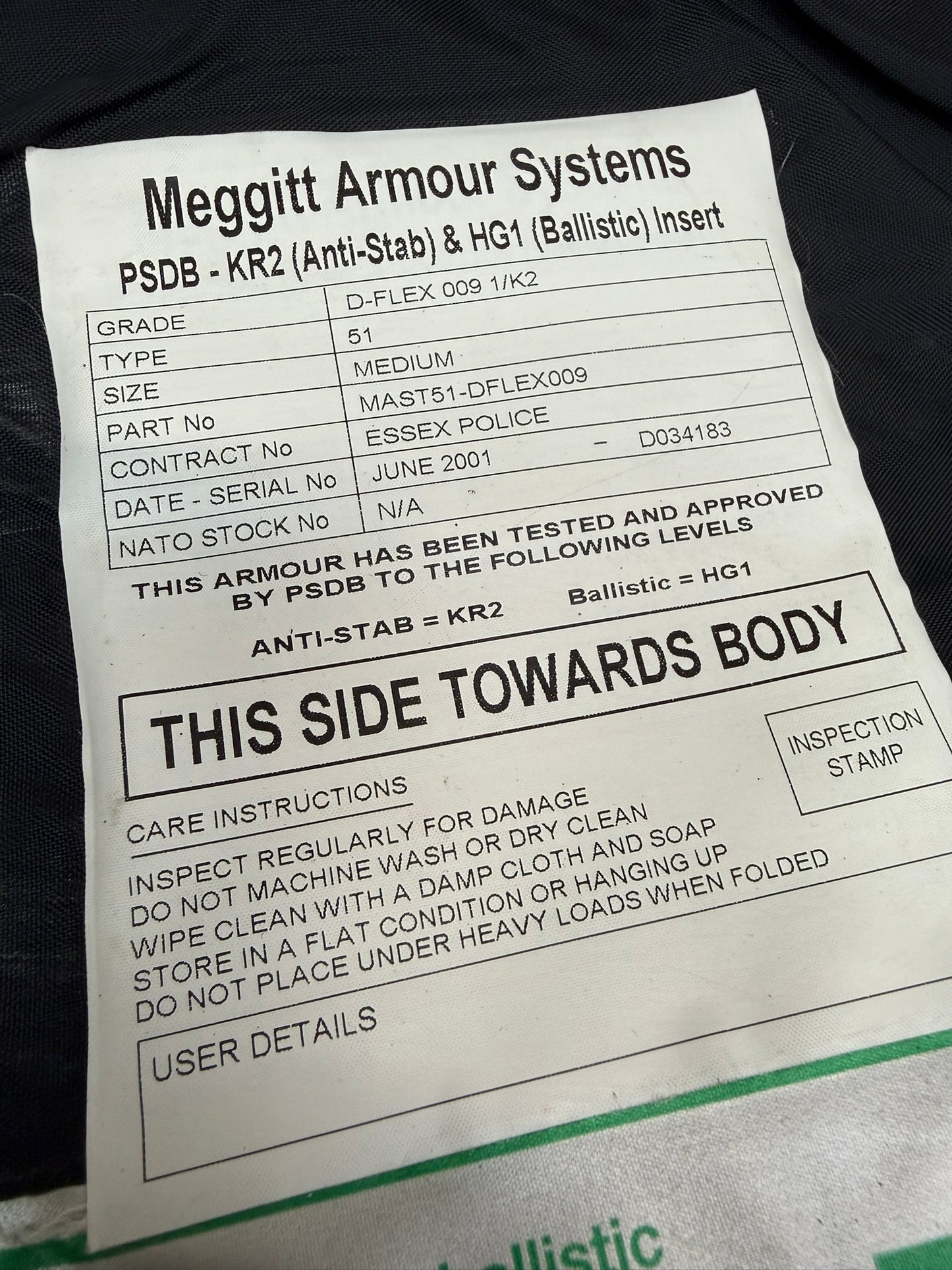 Ex Police Meggitt Female Body Armour Vest & Bag Anti Stab & Ballistic HG1A / KR2 Security