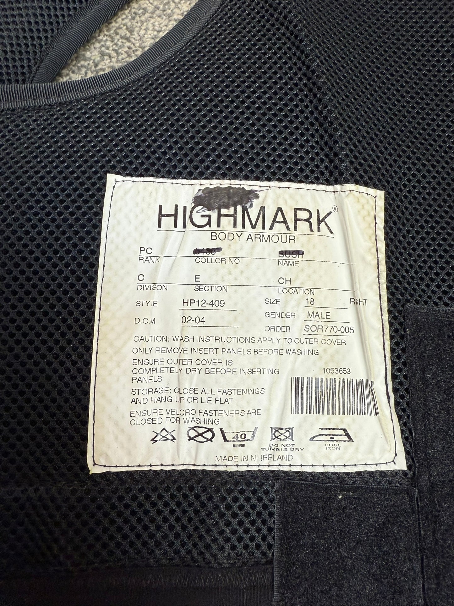 Ex Police Highmark Body Armour Vest Anti Stab & Ballistic HG1A & KR1 XL Security Film
