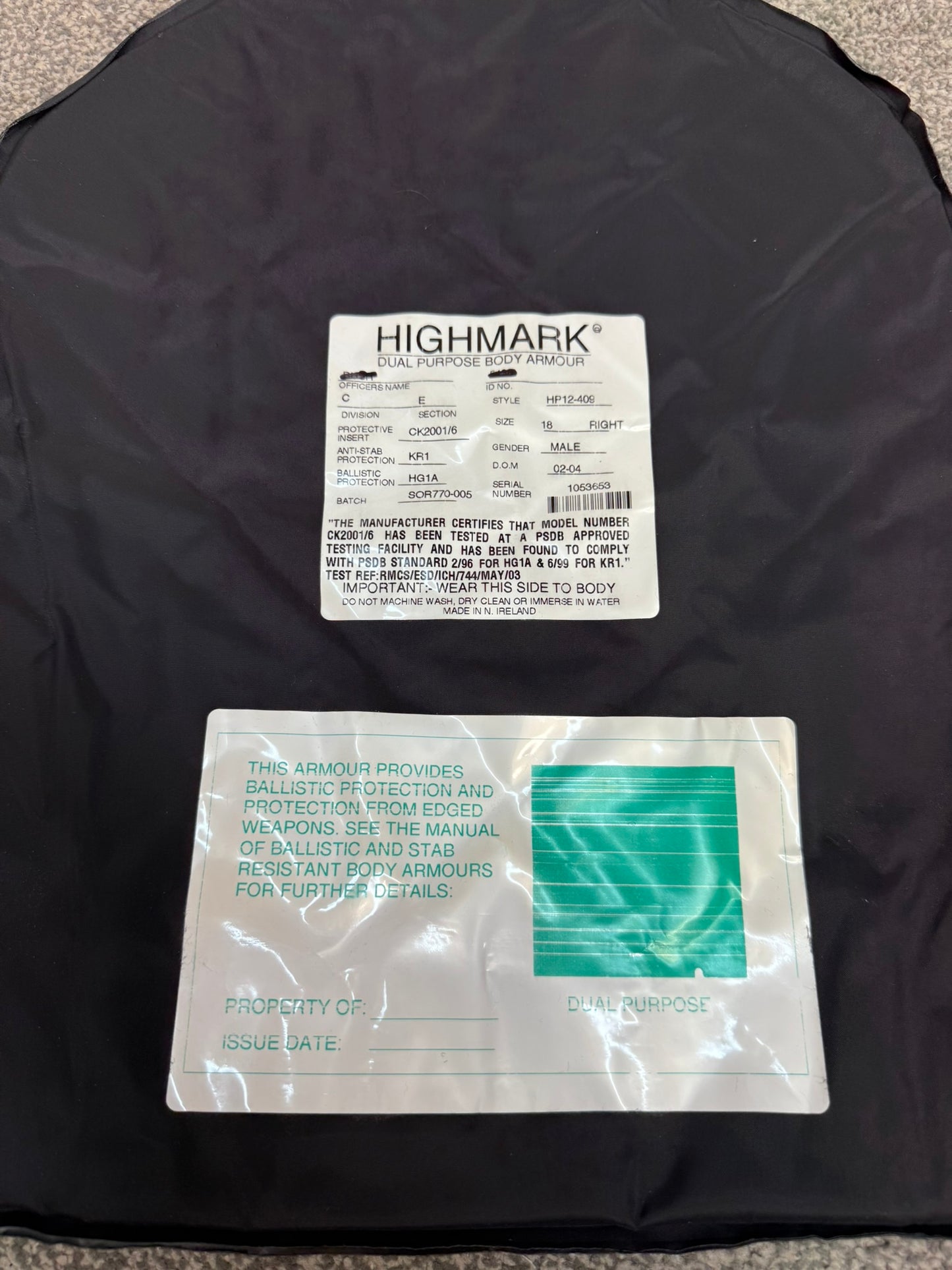 Ex Police Highmark Body Armour Vest Anti Stab & Ballistic HG1A & KR1 XL Security Film
