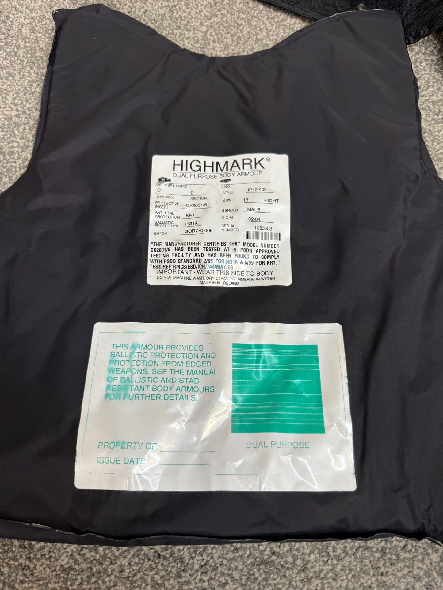 Ex Police Highmark Body Armour Vest Anti Stab & Ballistic HG1A & KR1 XL Security Film