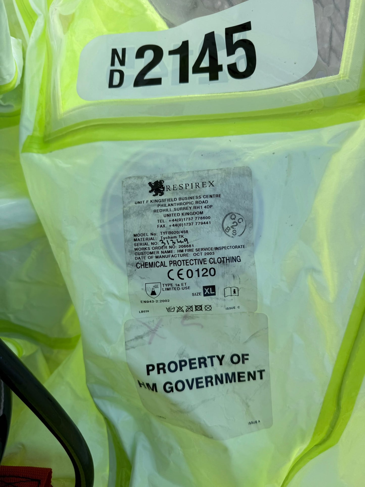 Respirex Tychem TK Gas Chemical Suit Type 1A HAZMAT Suit Size XL