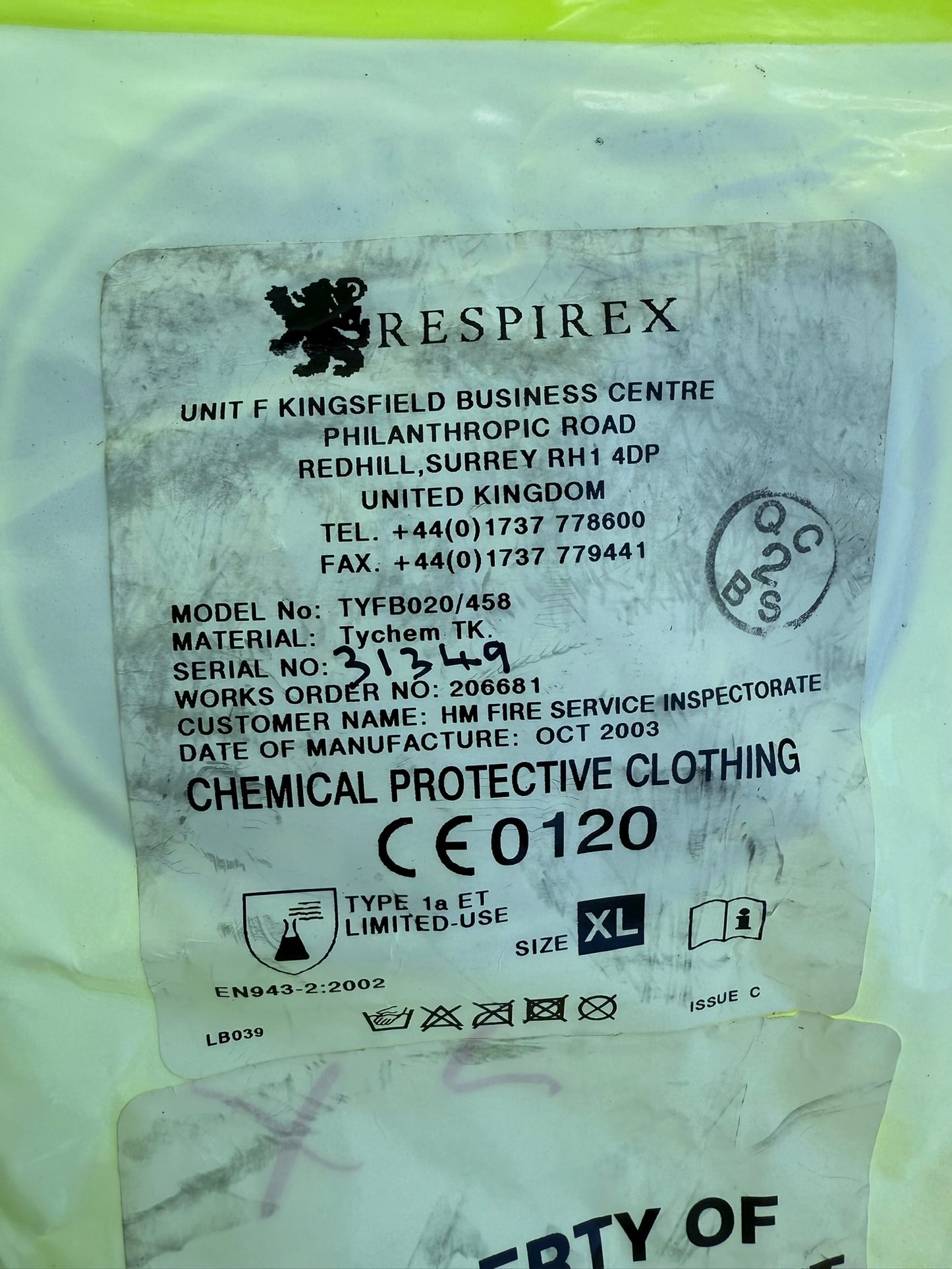 Respirex Tychem TK Gas Chemical Suit Type 1A HAZMAT Suit Size XL