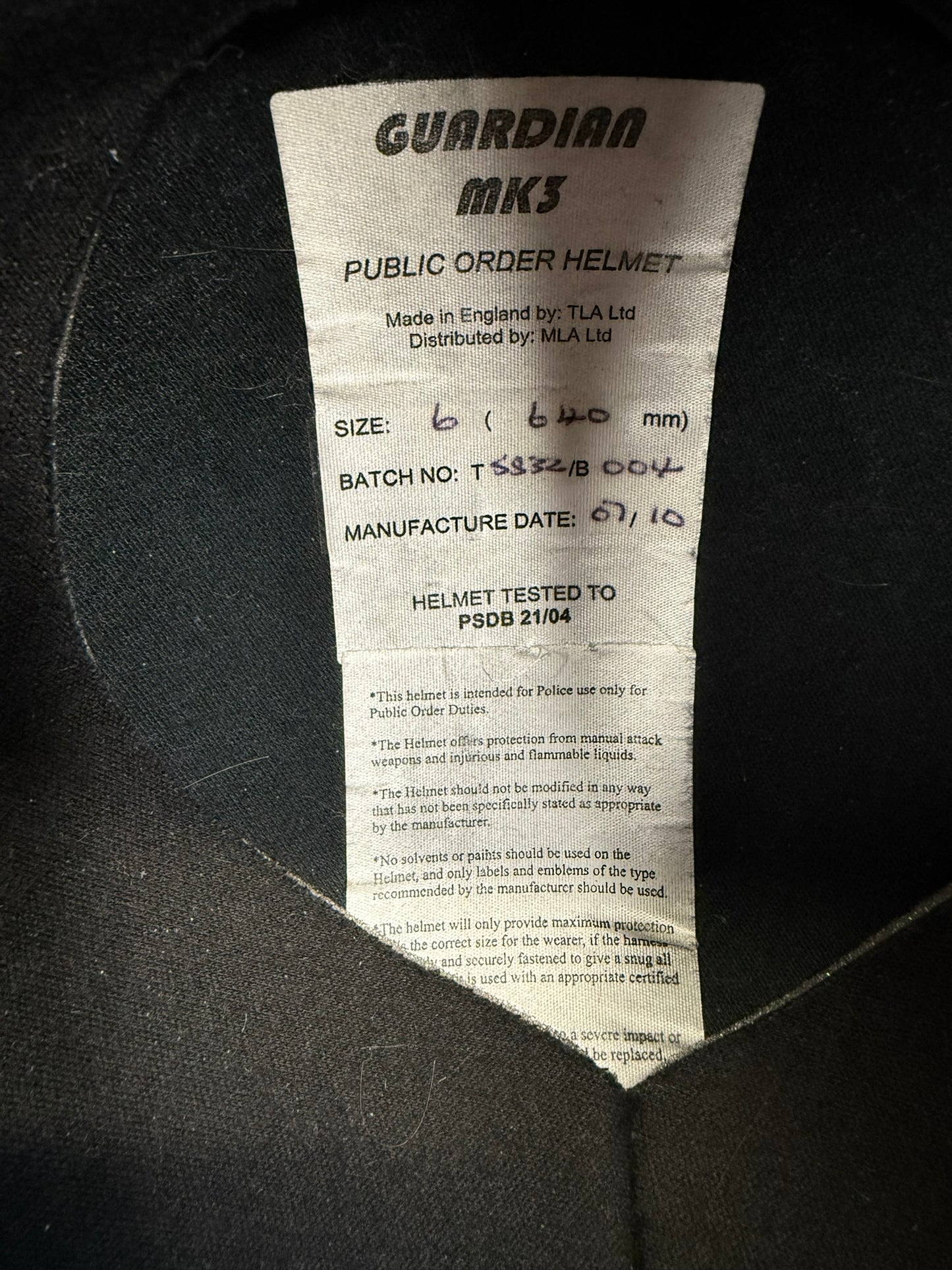 Ex Police Riot Helmet Guardian Mk3 64cm Fleece Bag & Carry Bag Genuine Obsolete Collectable