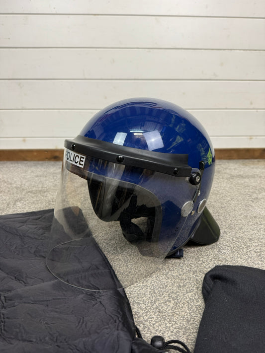 Ex Police Riot Helmet 56-57cm Fleece Bag & Hood Genuine Airsoft Display
