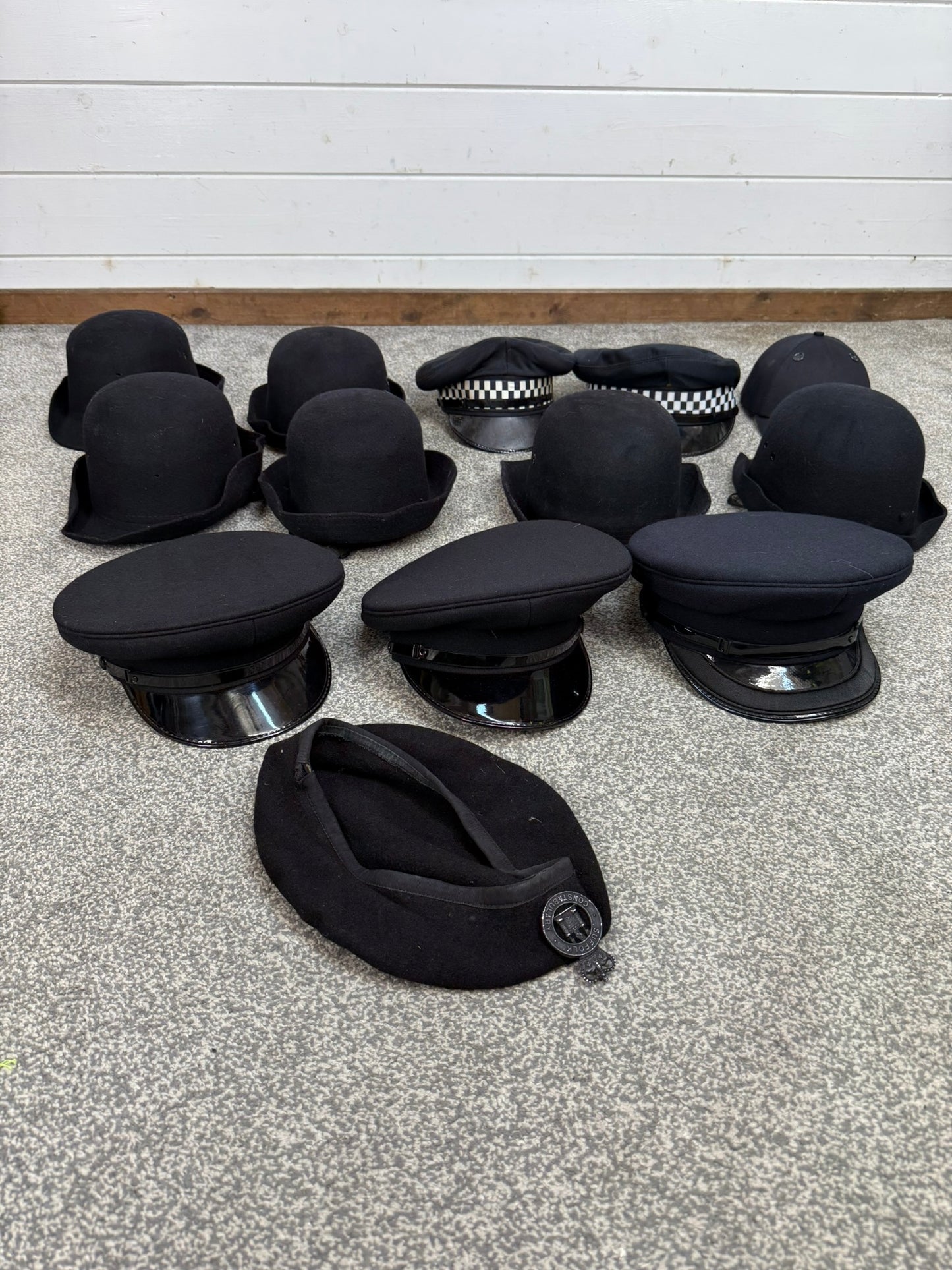 13x Ex Police Peak Cap Bowler Hat Beret Job Lot Theatre Headwear Uniform Film Prop Lot