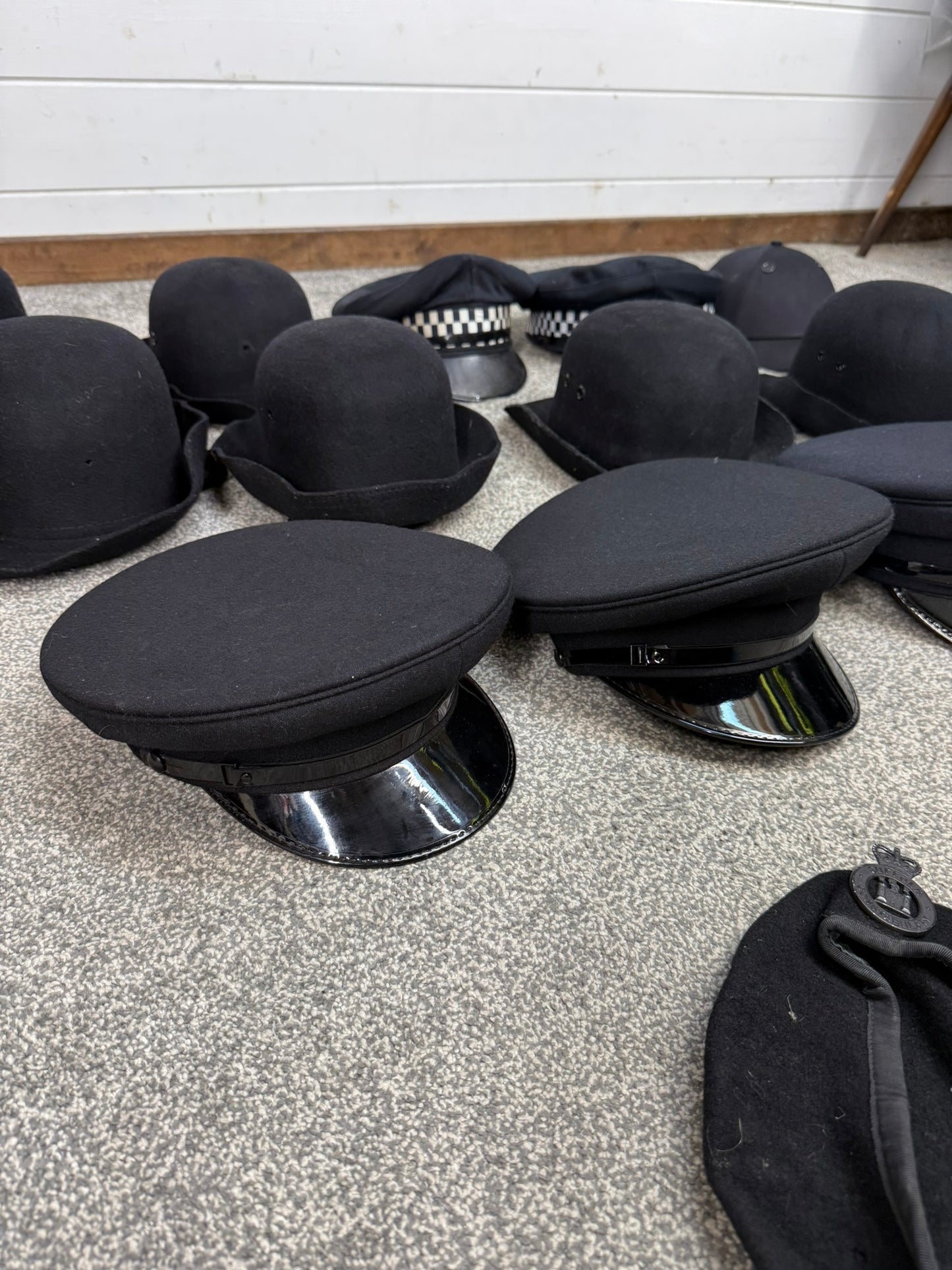 13x Ex Police Peak Cap Bowler Hat Beret Job Lot Theatre Headwear Uniform Film Prop Lot