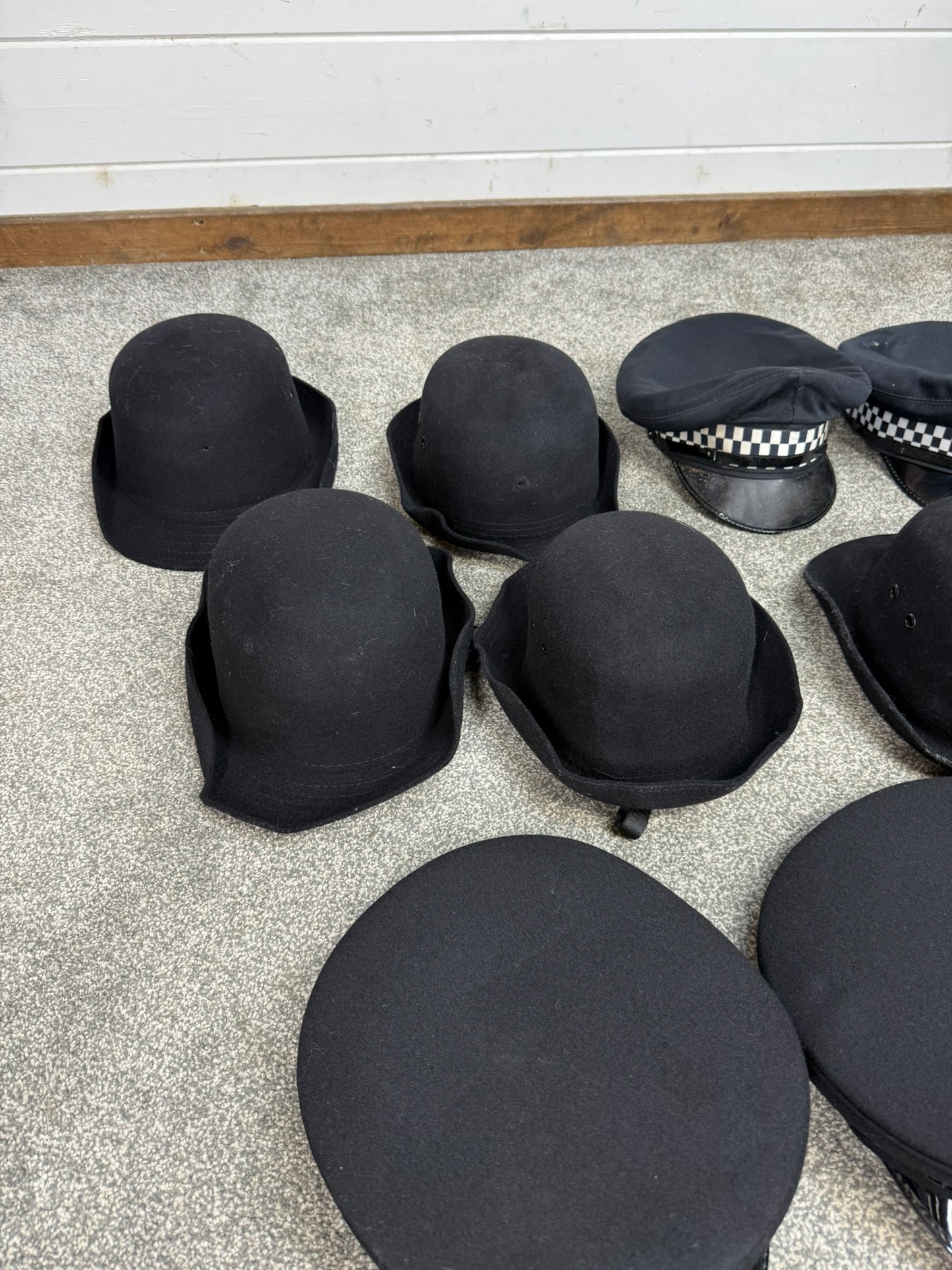 13x Ex Police Peak Cap Bowler Hat Beret Job Lot Theatre Headwear Uniform Film Prop Lot
