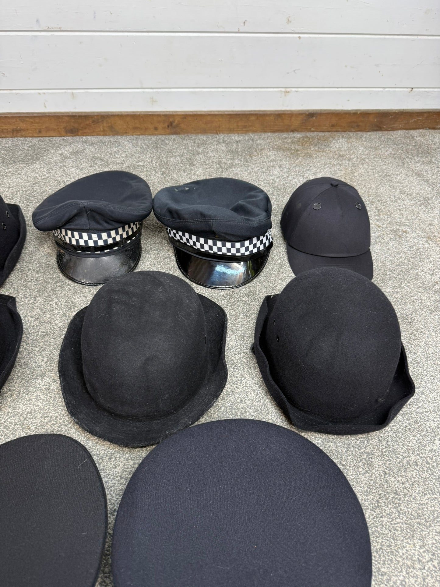 13x Ex Police Peak Cap Bowler Hat Beret Job Lot Theatre Headwear Uniform Film Prop Lot
