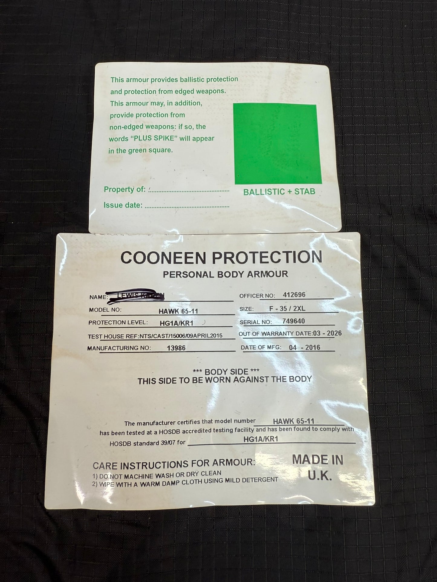 Ex Police Cooneen Body Armour Vest Anti Stab & Ballistic HG1A & KR1 SML-MED Security