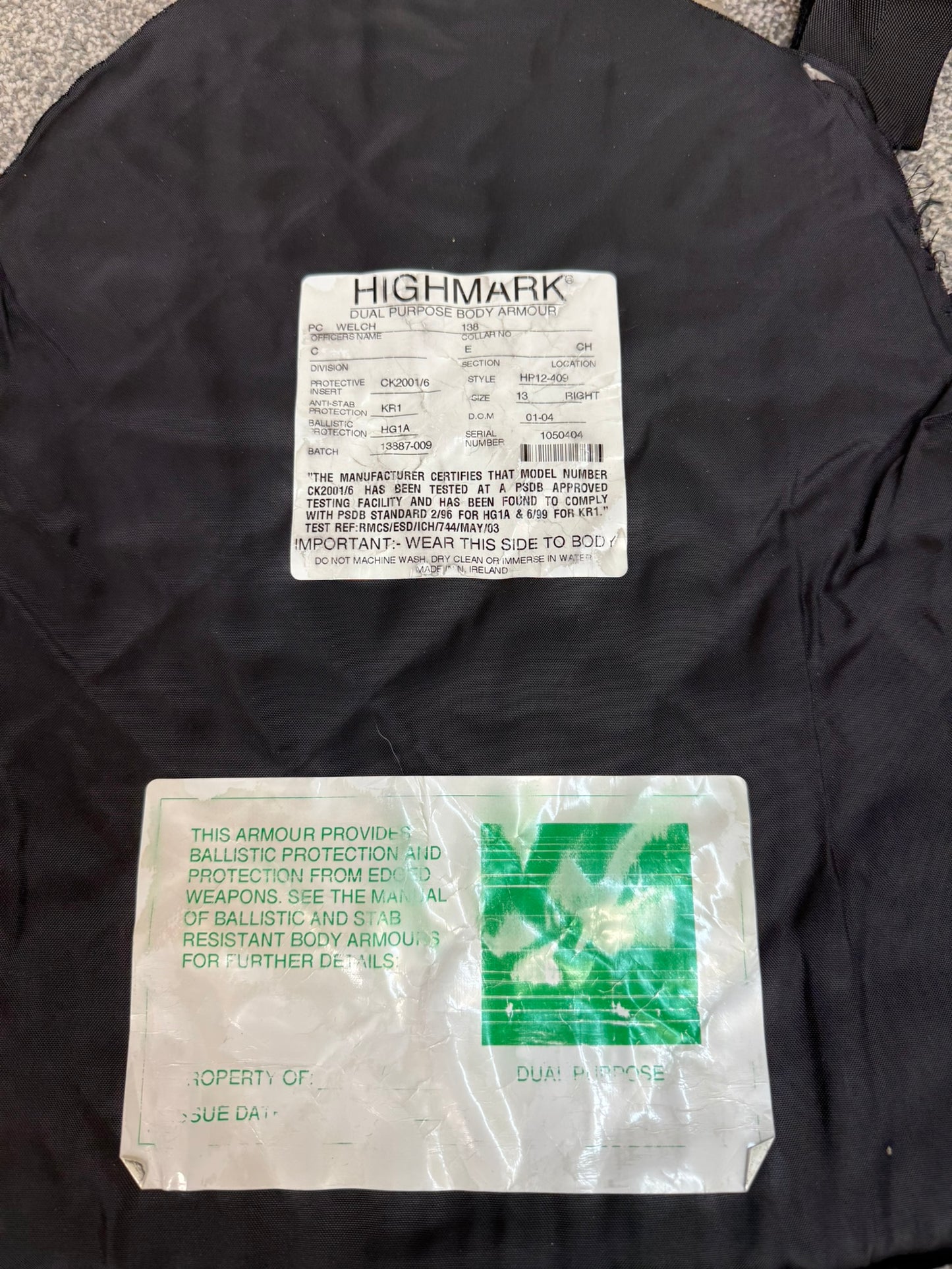 Ex Police Highmark Body Armour Vest XL Anti Stab & Ballistic HG1A & KR1 Security