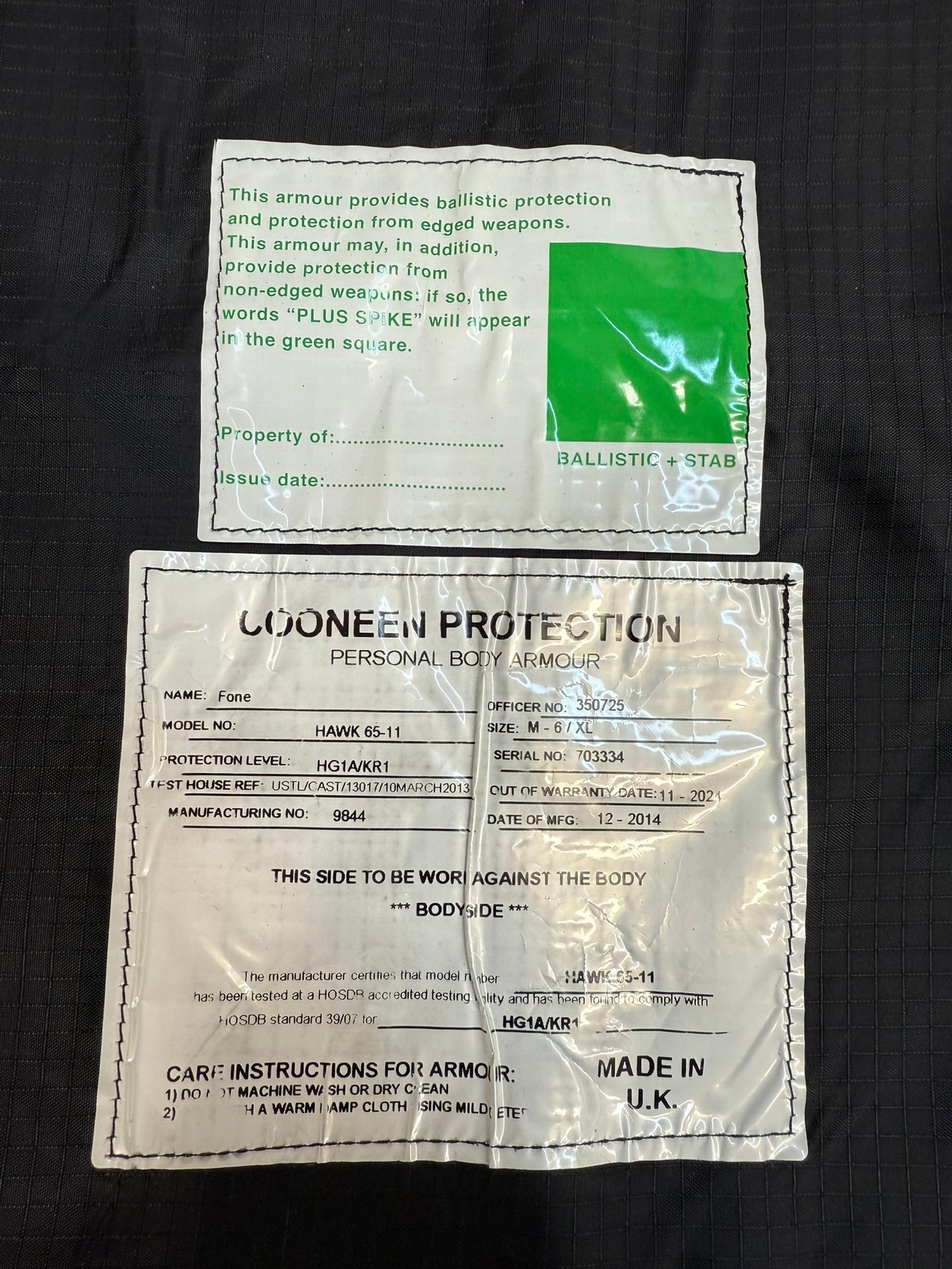 Ex Police Black Cooneen Body Armour Vest XL Anti Stab & Ballistic HG1A & KR1 Security