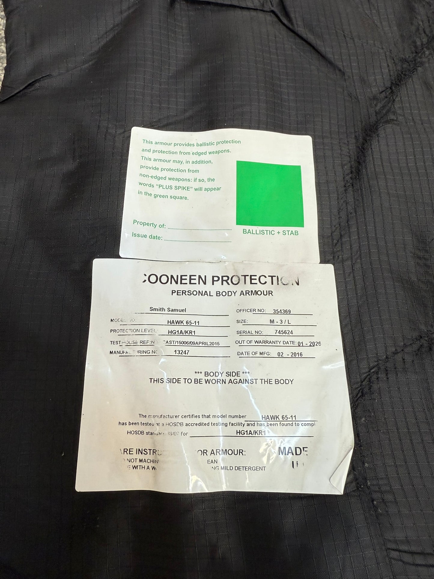 Ex Police Black Cooneen Body Armour Vest M-L Anti Stab & Ballistic HG1A & KR1 Security