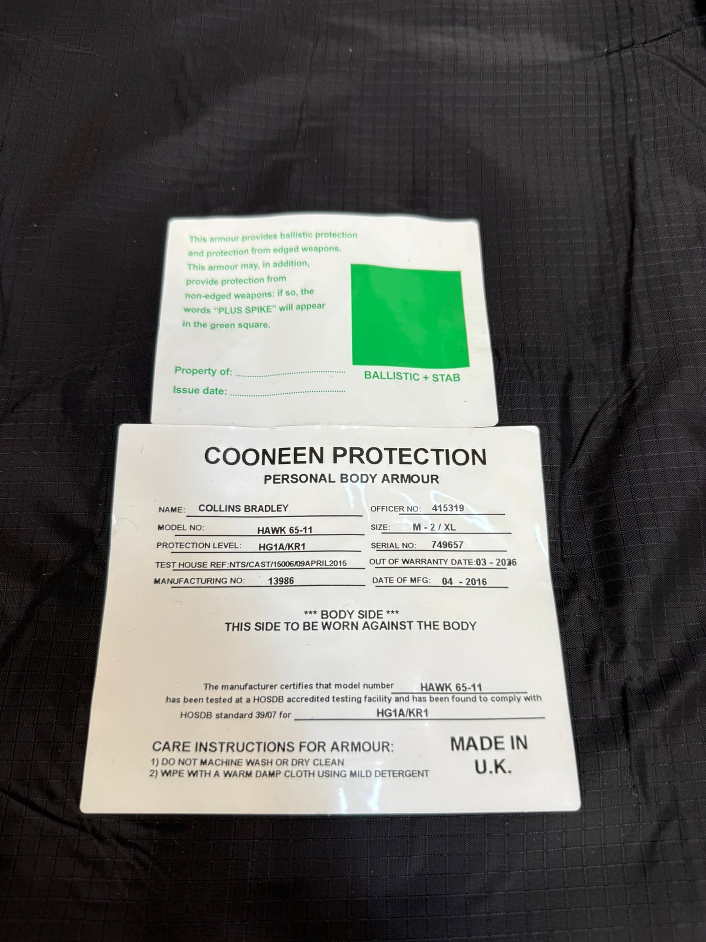 Ex Police Black Cooneen Body Armour Vest M-L Anti Stab & Ballistic HG1A & KR1 Security