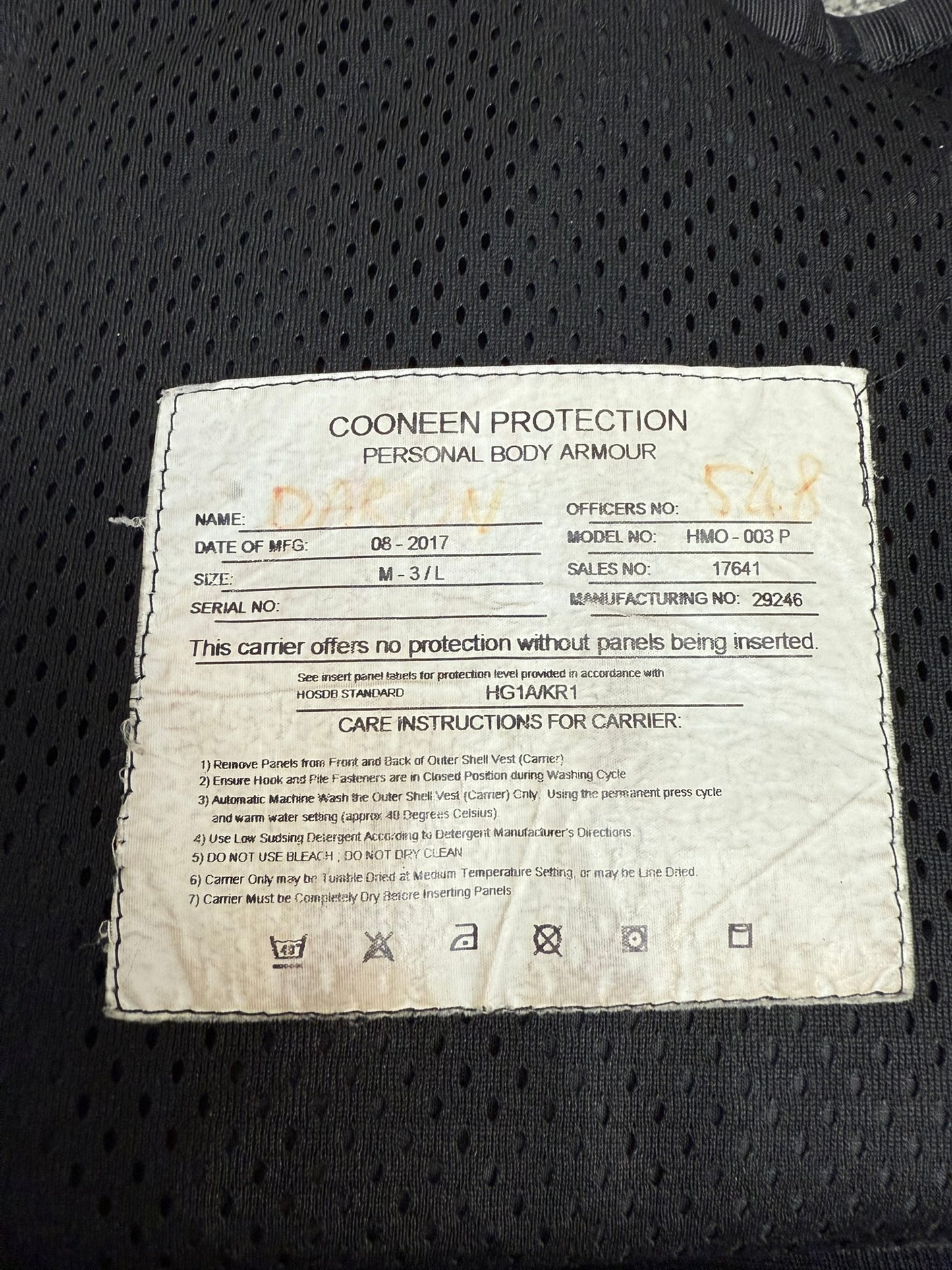 Ex Police Black Cooneen Body Armour Vest M-L Anti Stab & Ballistic HG1A & KR1 Security