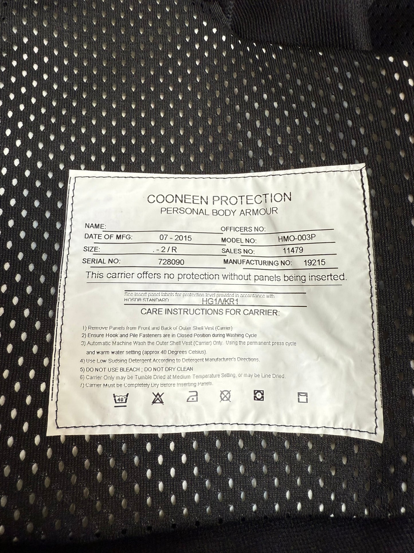Ex Metropolitan Police Black Cooneen Body Armour Vest Anti Stab & Ballistic HG1A & KR1