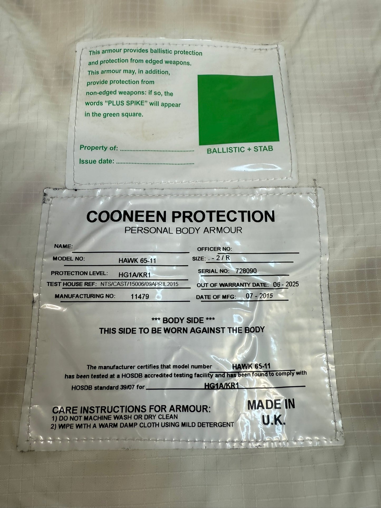 Ex Metropolitan Police Black Cooneen Body Armour Vest Anti Stab & Ballistic HG1A & KR1