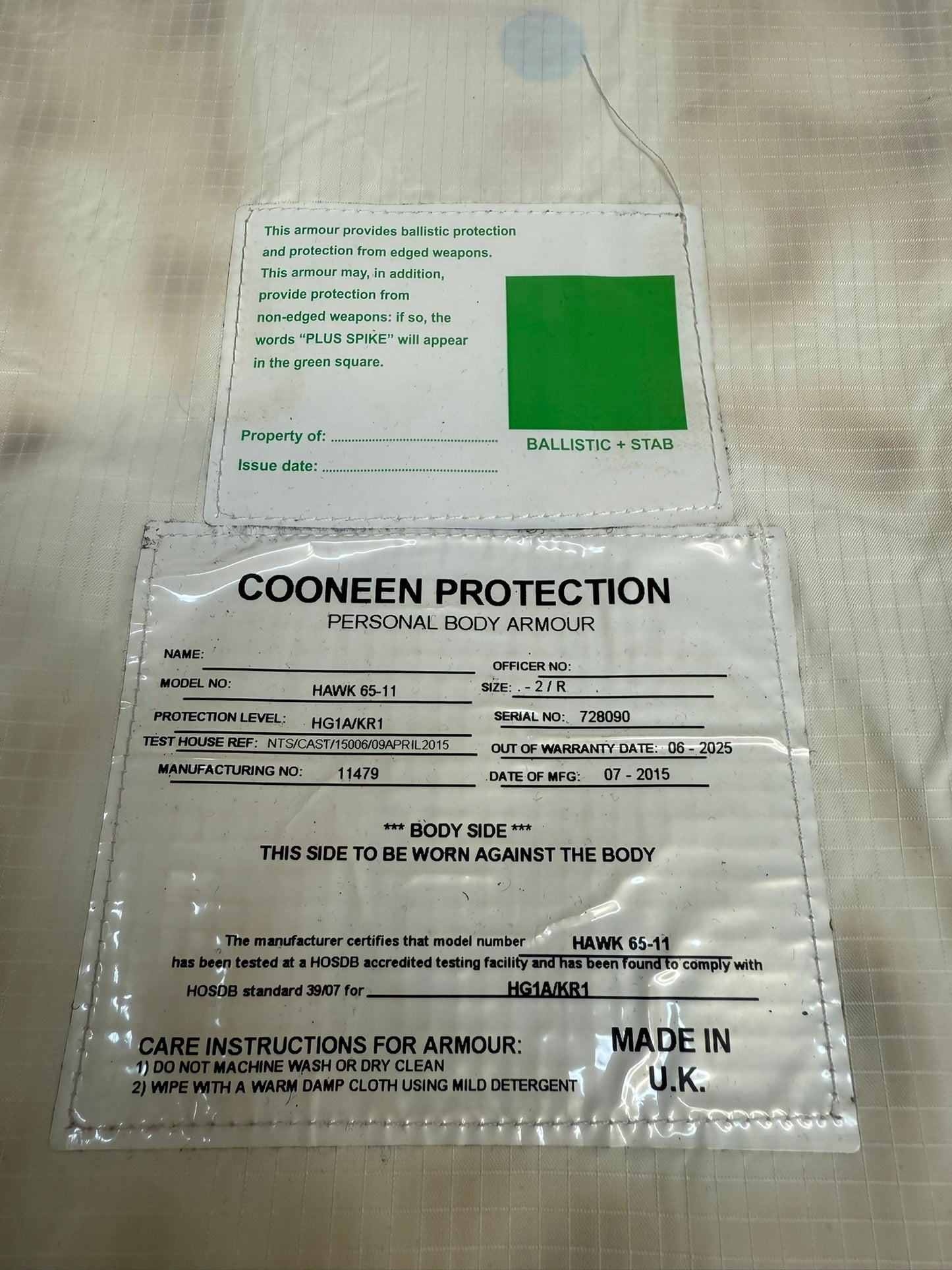 Ex Metropolitan Police Black Cooneen Body Armour Vest Anti Stab & Ballistic HG1A & KR1