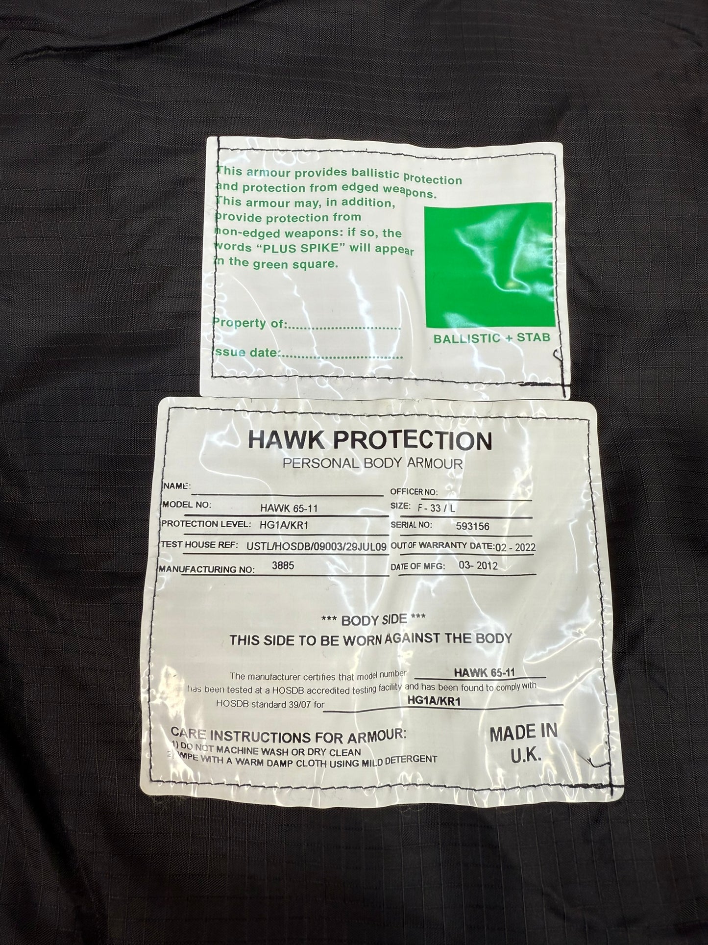 Ex Police Hawk Body Armour Female Vest Anti Stab & Ballistic HG1A & KR1 - Small