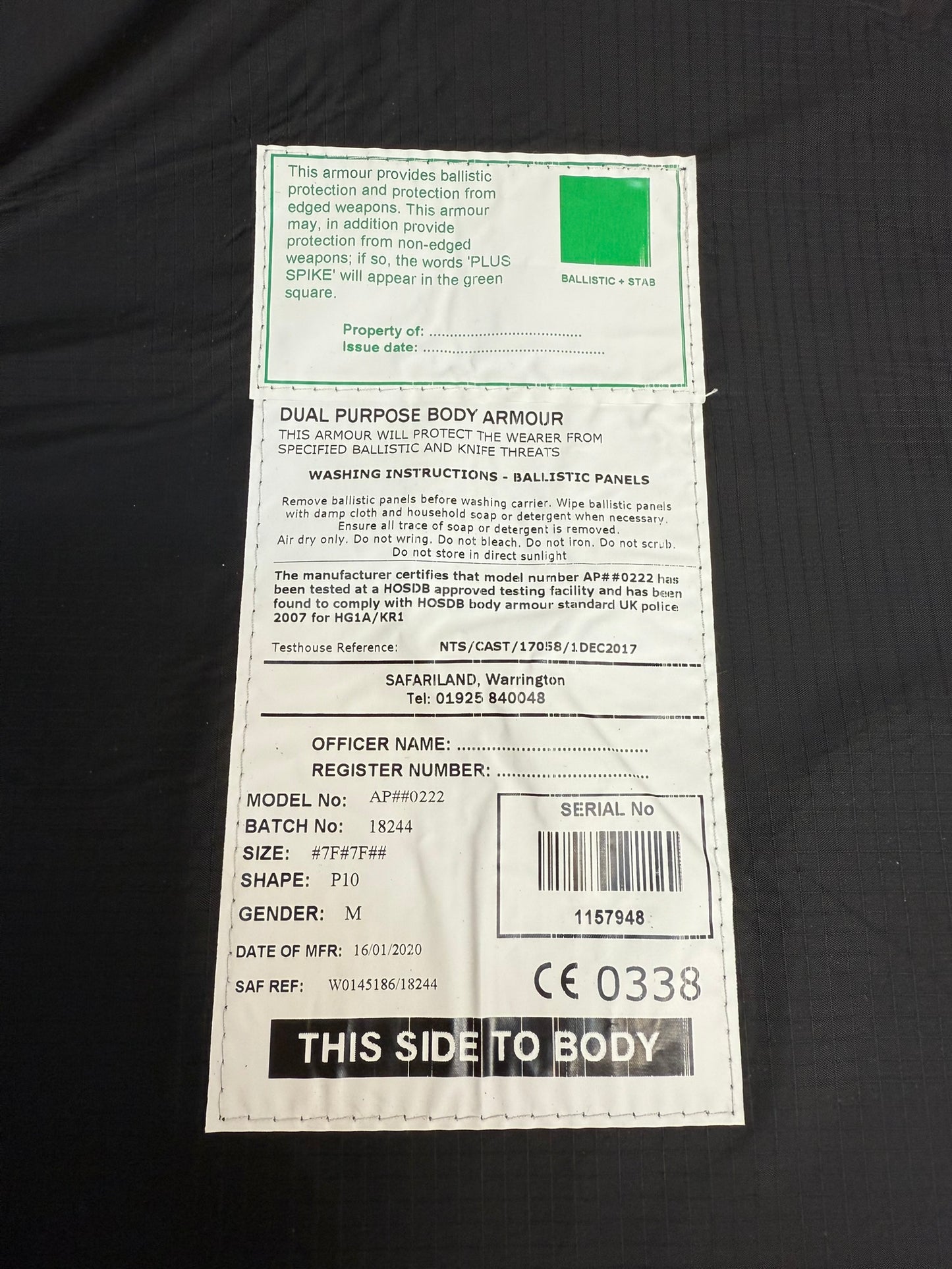 Ex Police Safariland Body Armour Vest VGC Anti Stab & Ballistic HG1A & KR1 - XXL Security