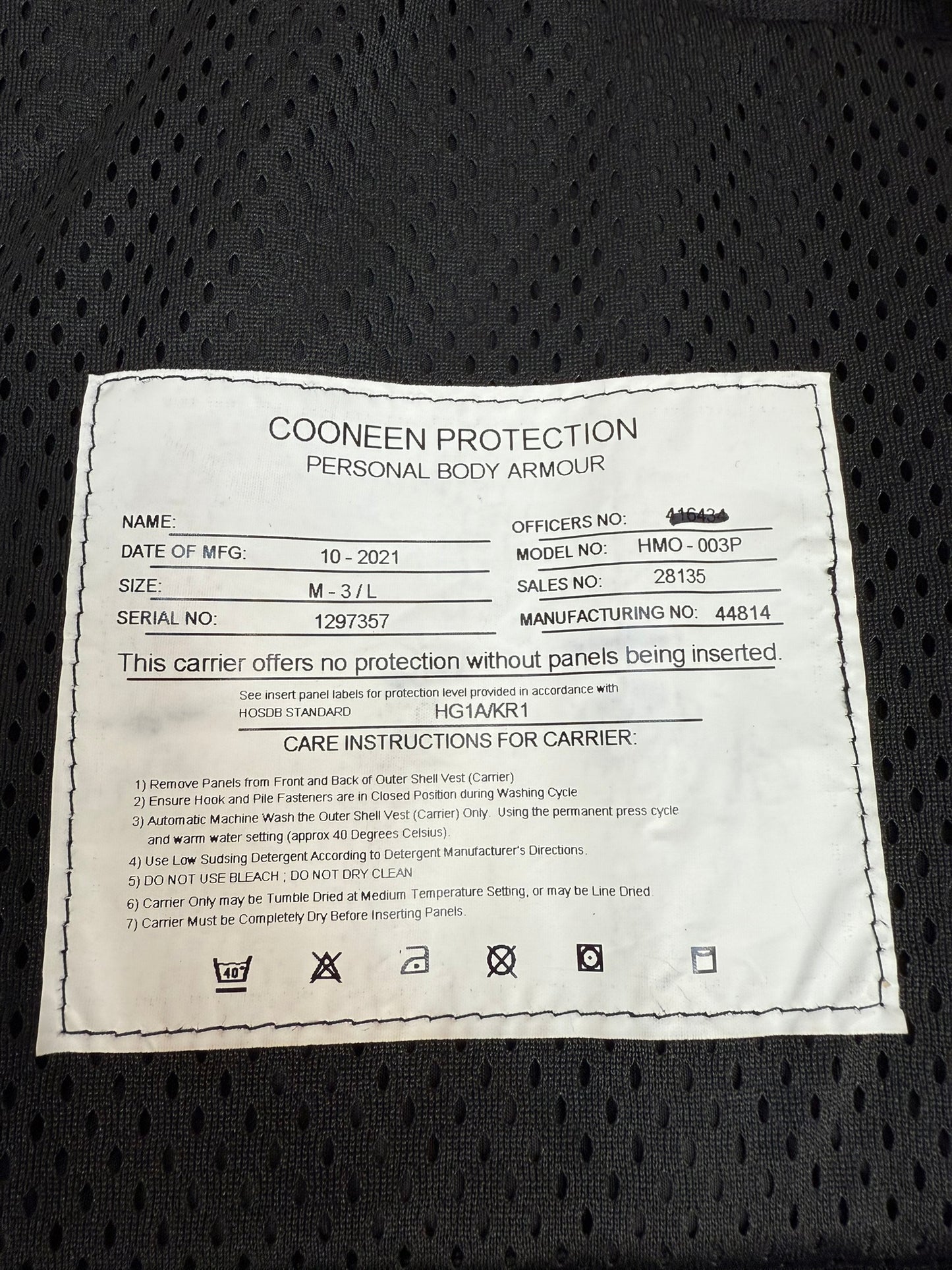 Ex Police Cooneen Body Armour Vest VGC Anti Stab & Ballistic HG1A & KR1 - LARGE