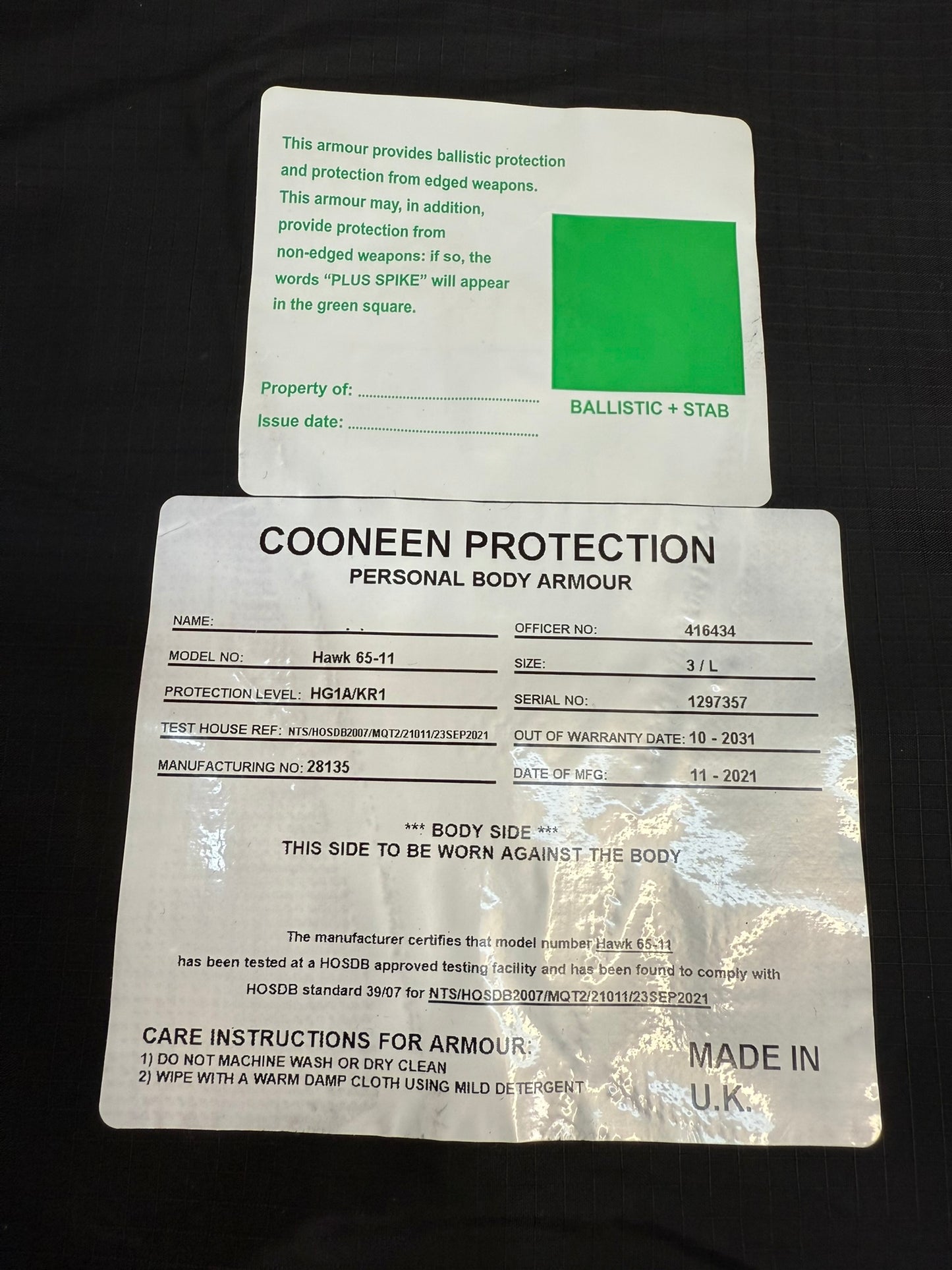 Ex Police Cooneen Body Armour Vest VGC Anti Stab & Ballistic HG1A & KR1 - LARGE