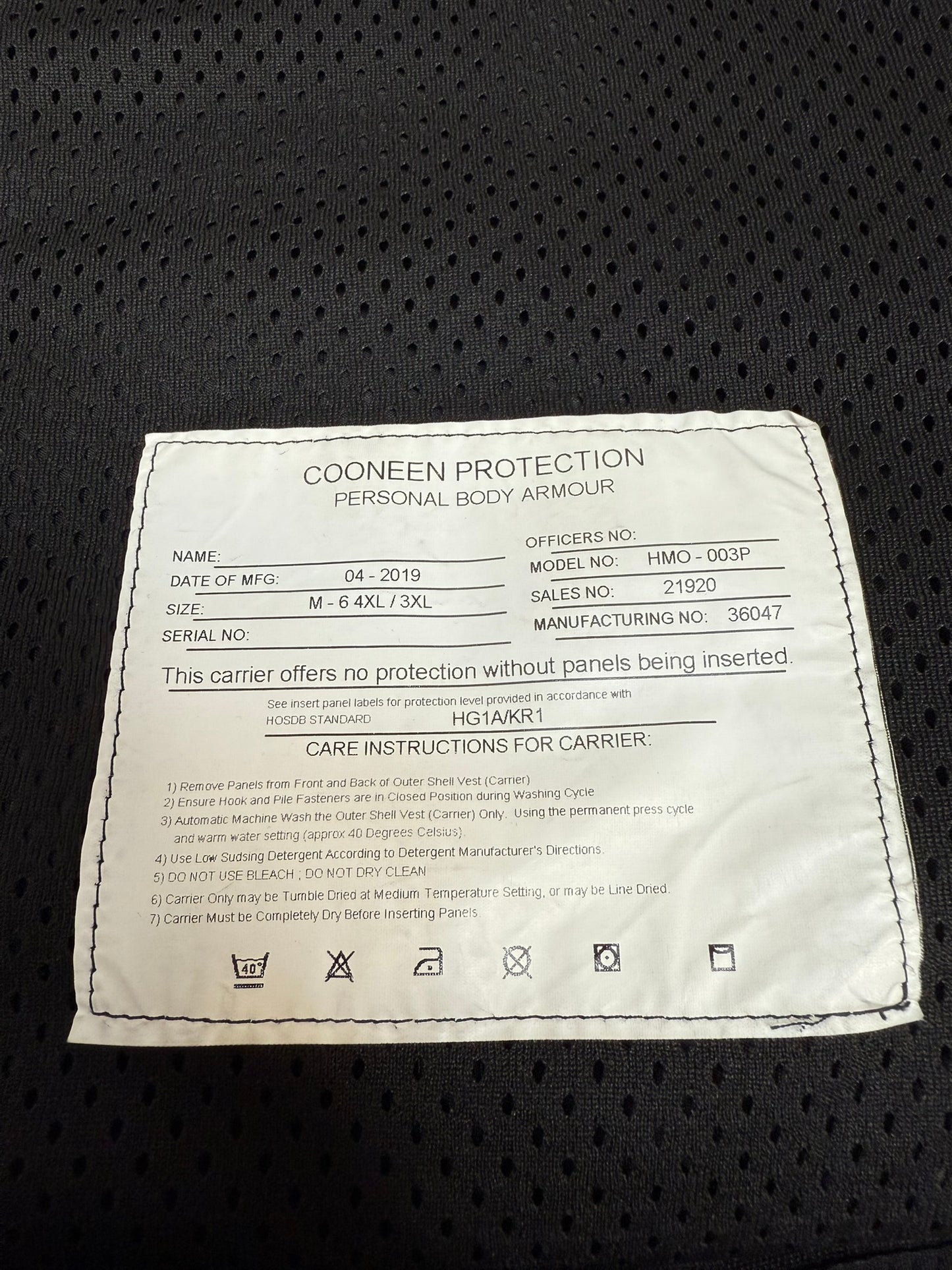 Ex Police Cooneen Body Armour Vest Anti Stab & Ballistic HG1A & KR1 - X Large