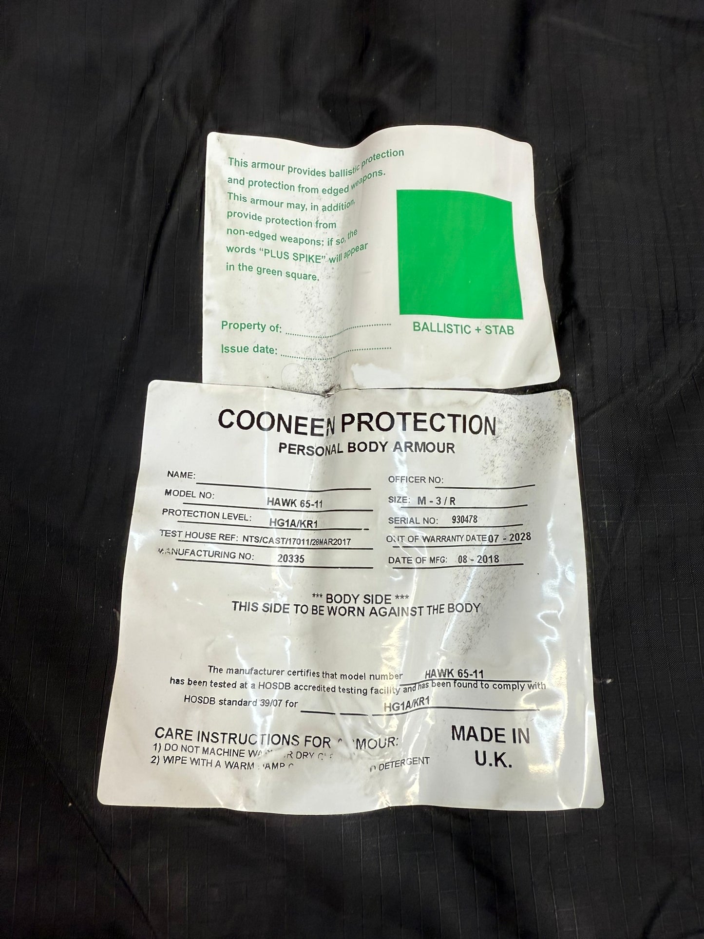 Ex Police Cooneen Body Armour Vest Anti Stab & Ballistic HG1A & KR1 - LARGE