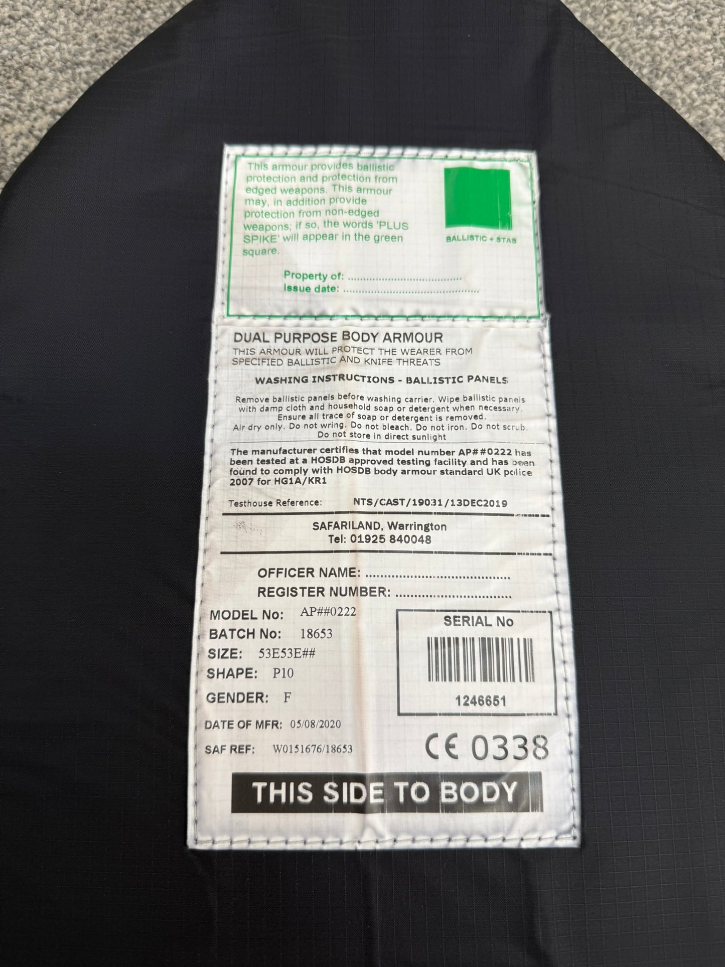 Ex Police Safariland Body Armour Vest SML-MED Anti Stab & Ballistic HG1A & KR1 - Security