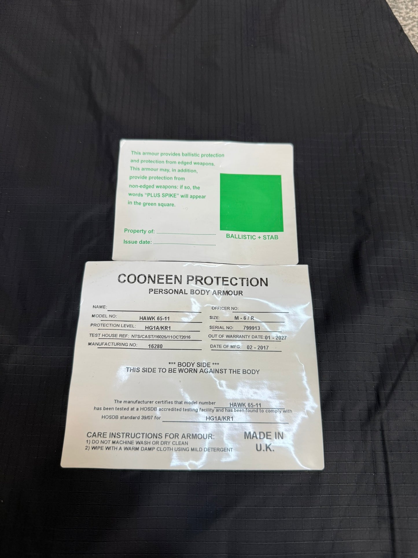 Ex Police Cooneen Body Armour Vest & Bag XLRG - VGC Anti Stab & Ballistic HG1A & KR1